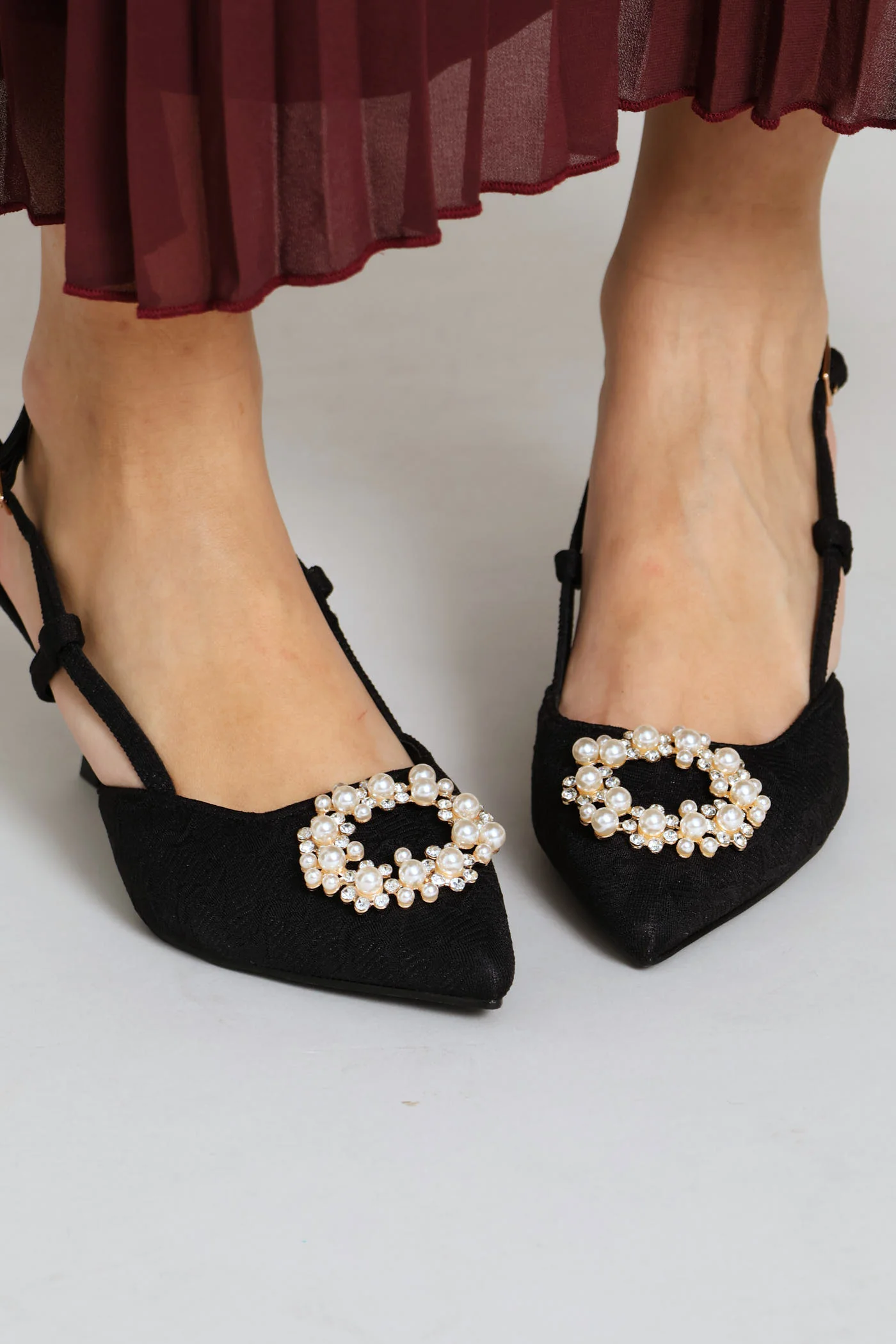 Raffia Slingback Diamante Kitten Heel - Black - Image 2