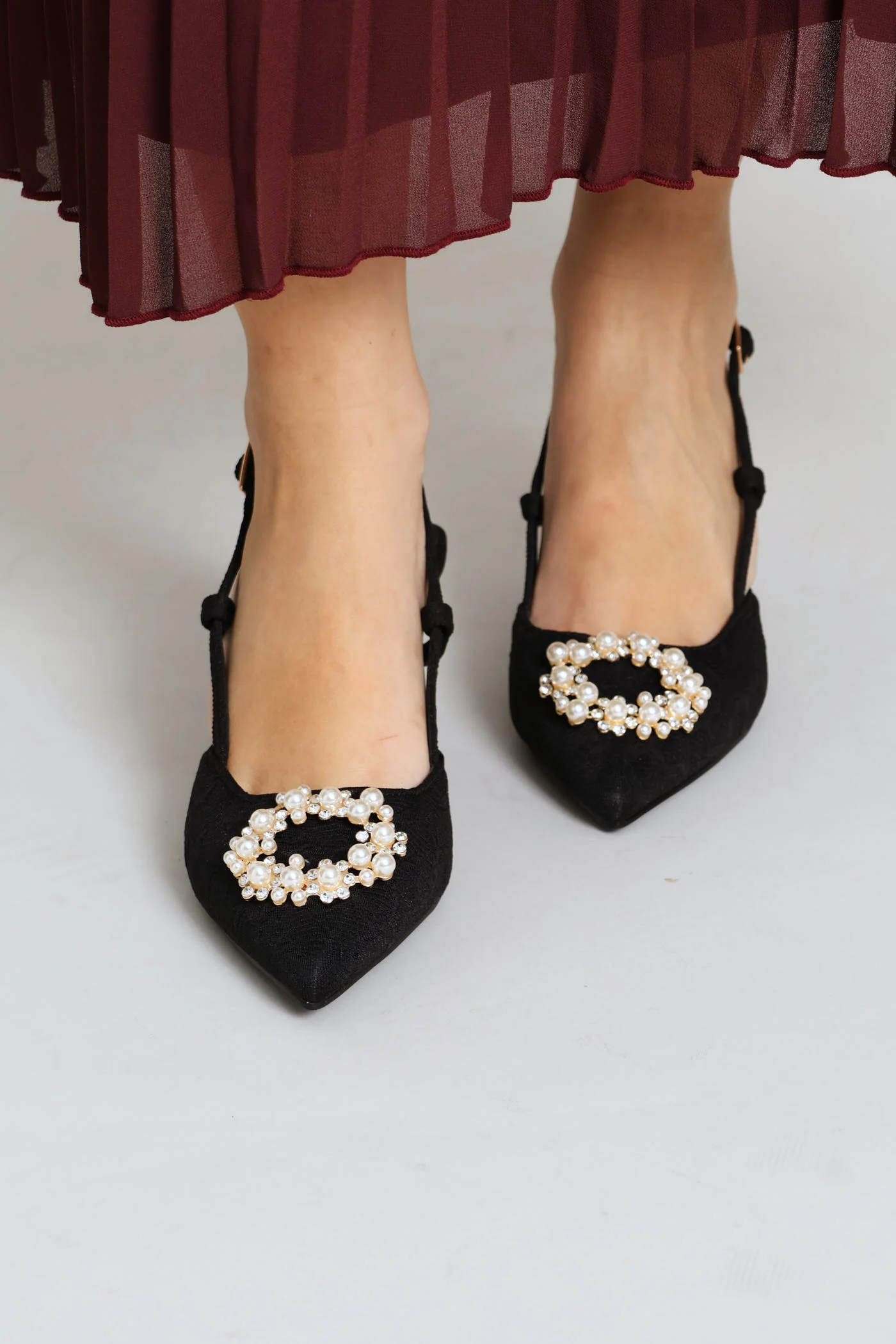 Raffia Slingback Diamante Kitten Heel - Black - Image 4