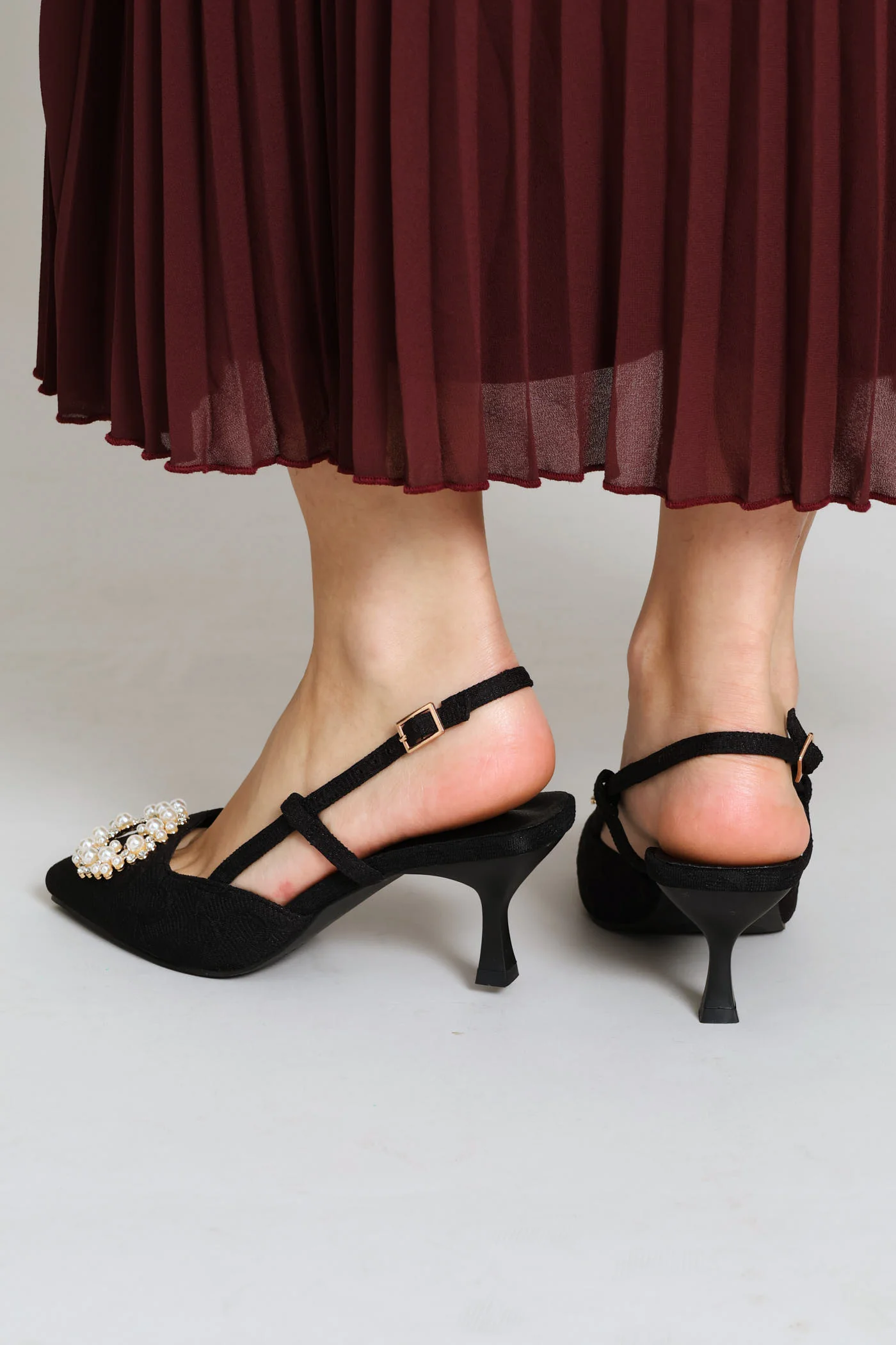 Raffia Slingback Diamante Kitten Heel - Black - Image 5