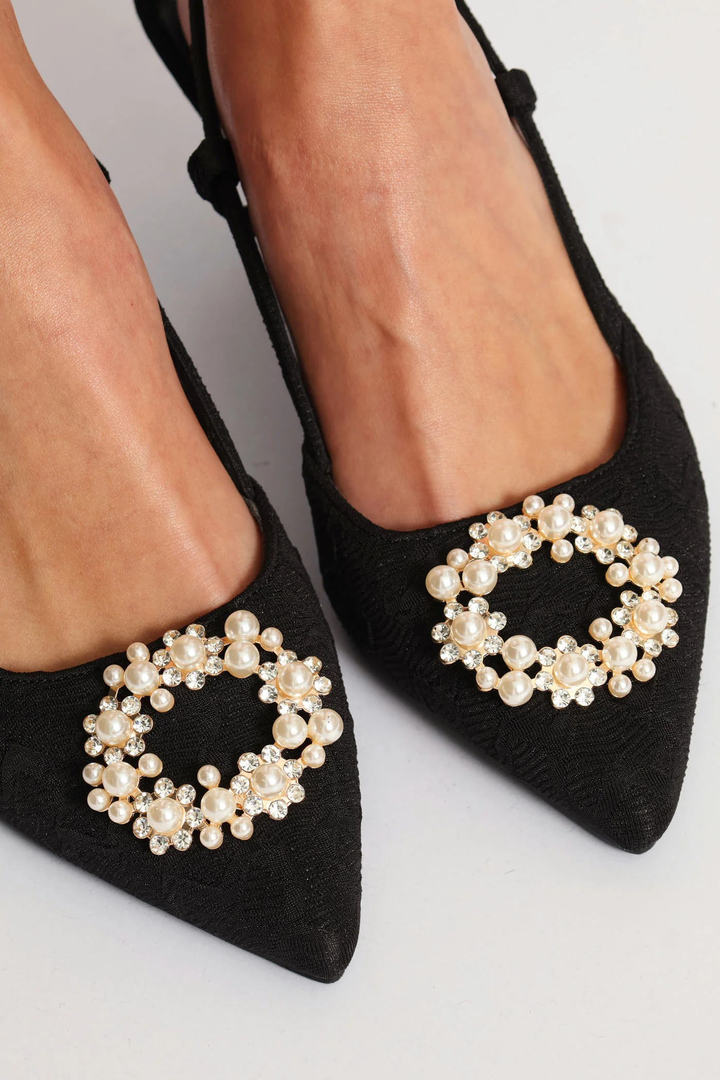 Raffia Slingback Diamante Kitten Heel - Black - Image 8