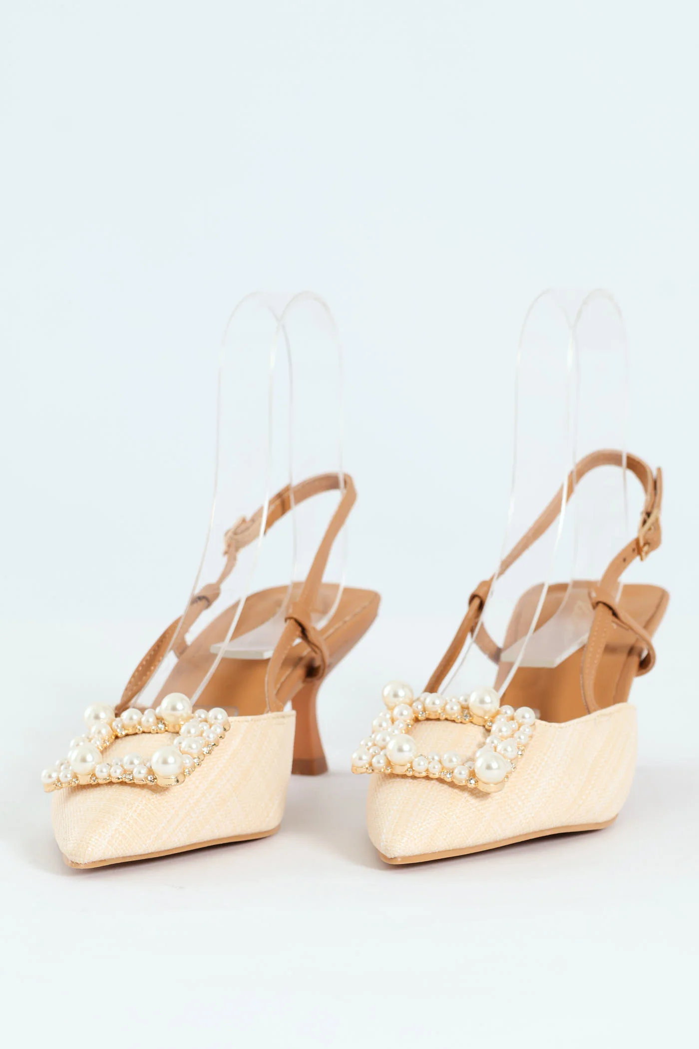 Raffia Slingback With Diamante Kitten Heel - Off White - Image 4