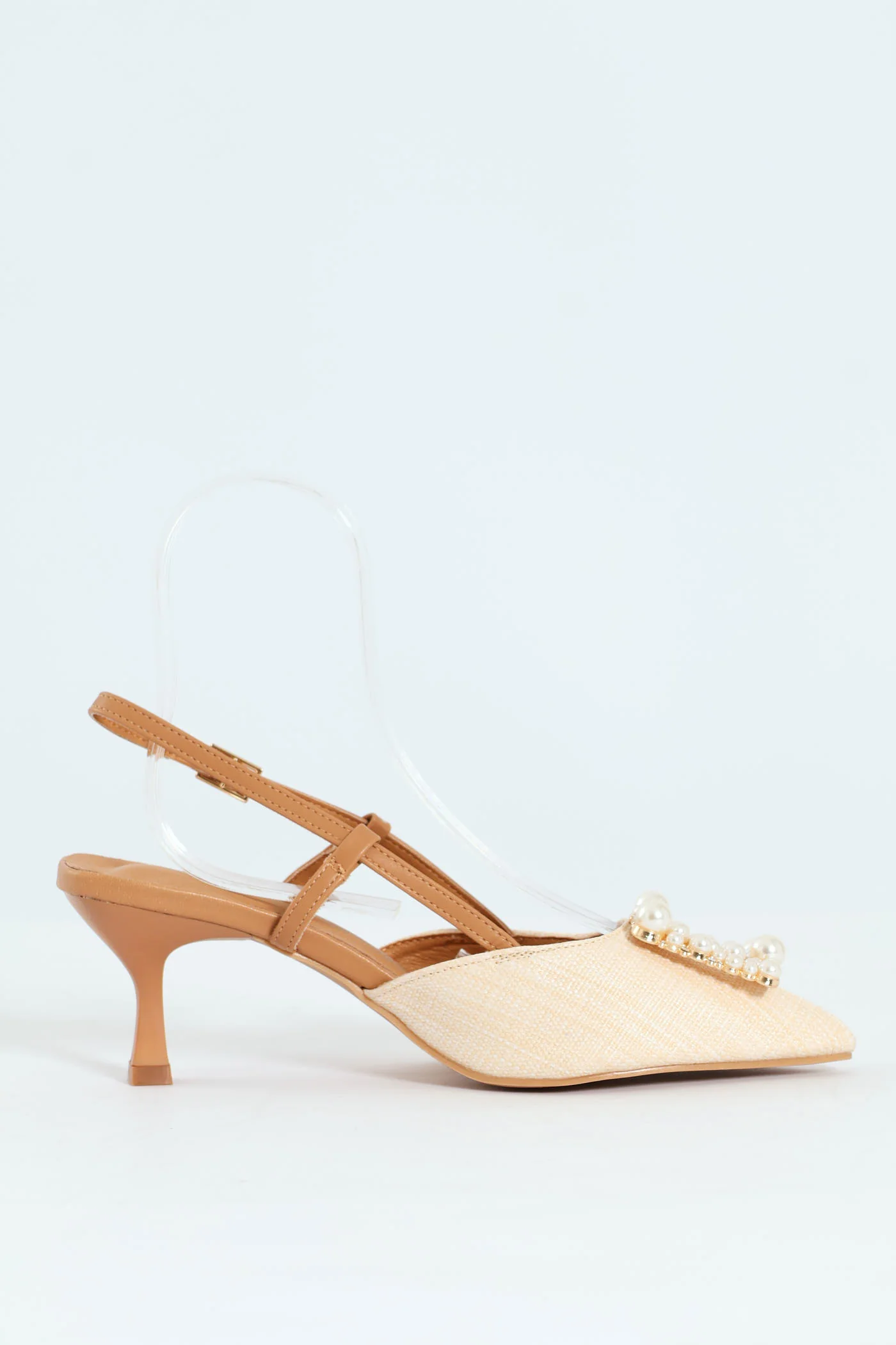 Raffia Slingback With Diamante Kitten Heel - Off White - Image 5