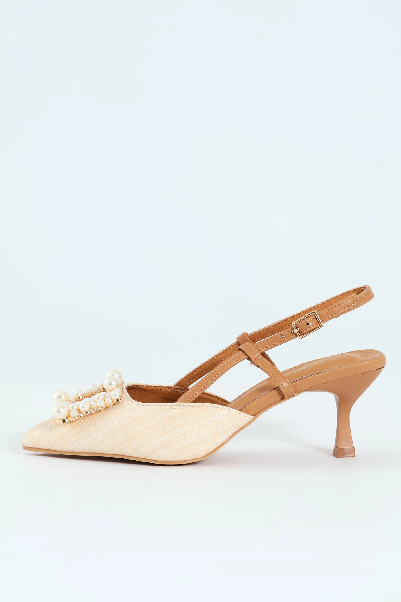Raffia Slingback With Diamante Kitten Heel - Off White - Image 6