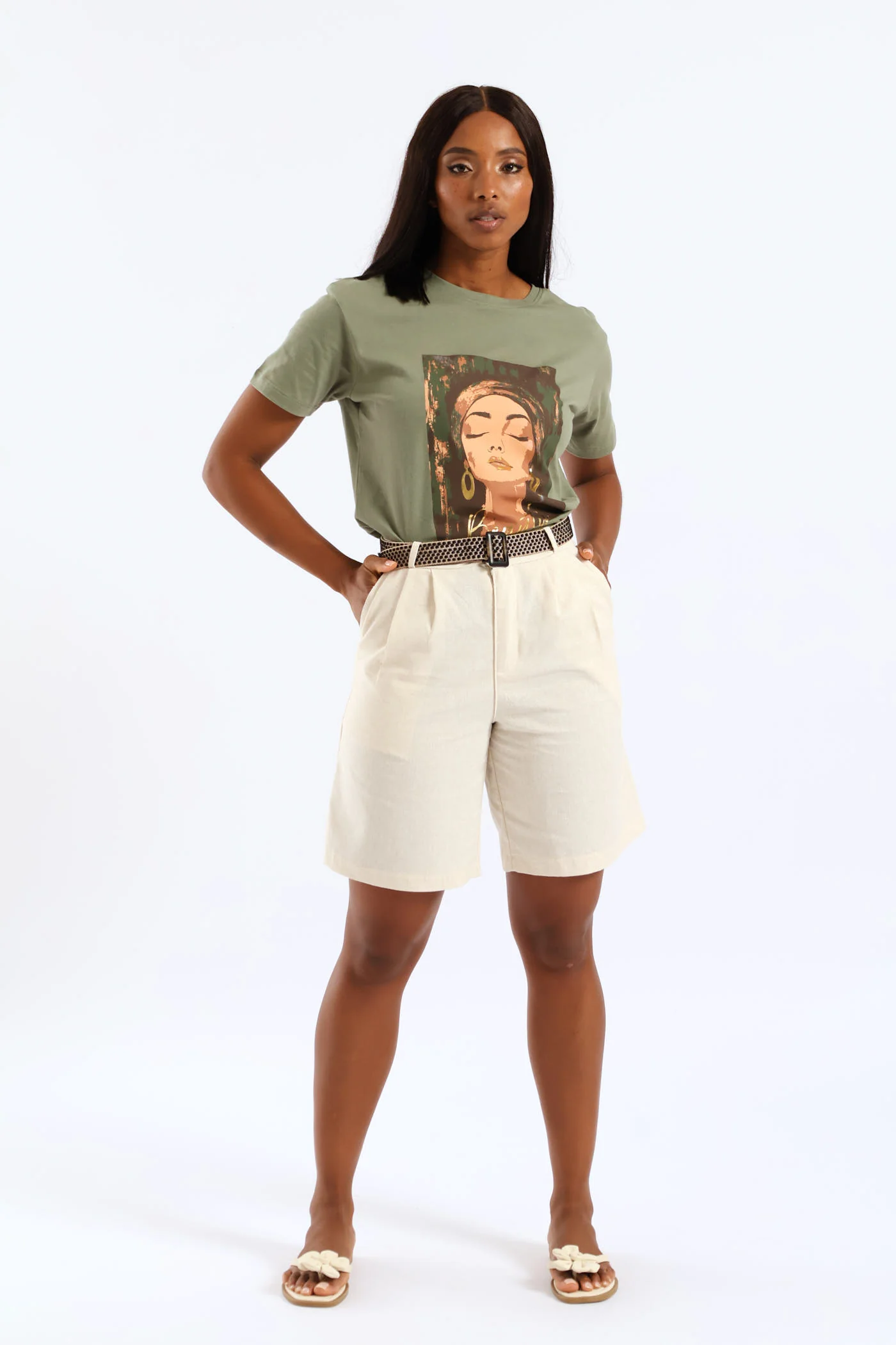 Rafia Belted Pleated Bermuda Shorts - Oatmeal Melange - Image 6