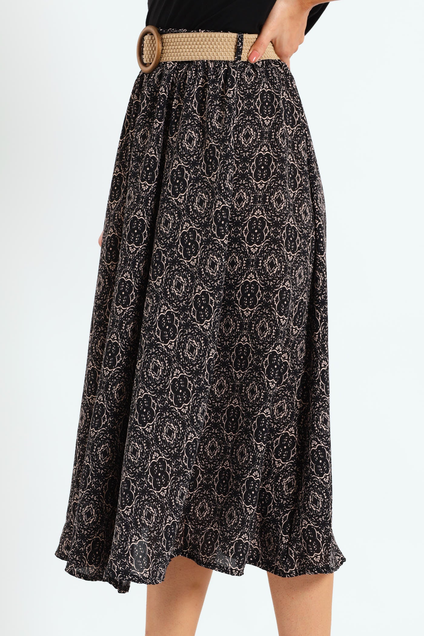Rafia Belted Pleated Midi Skirt - Black/Beige - Image 2