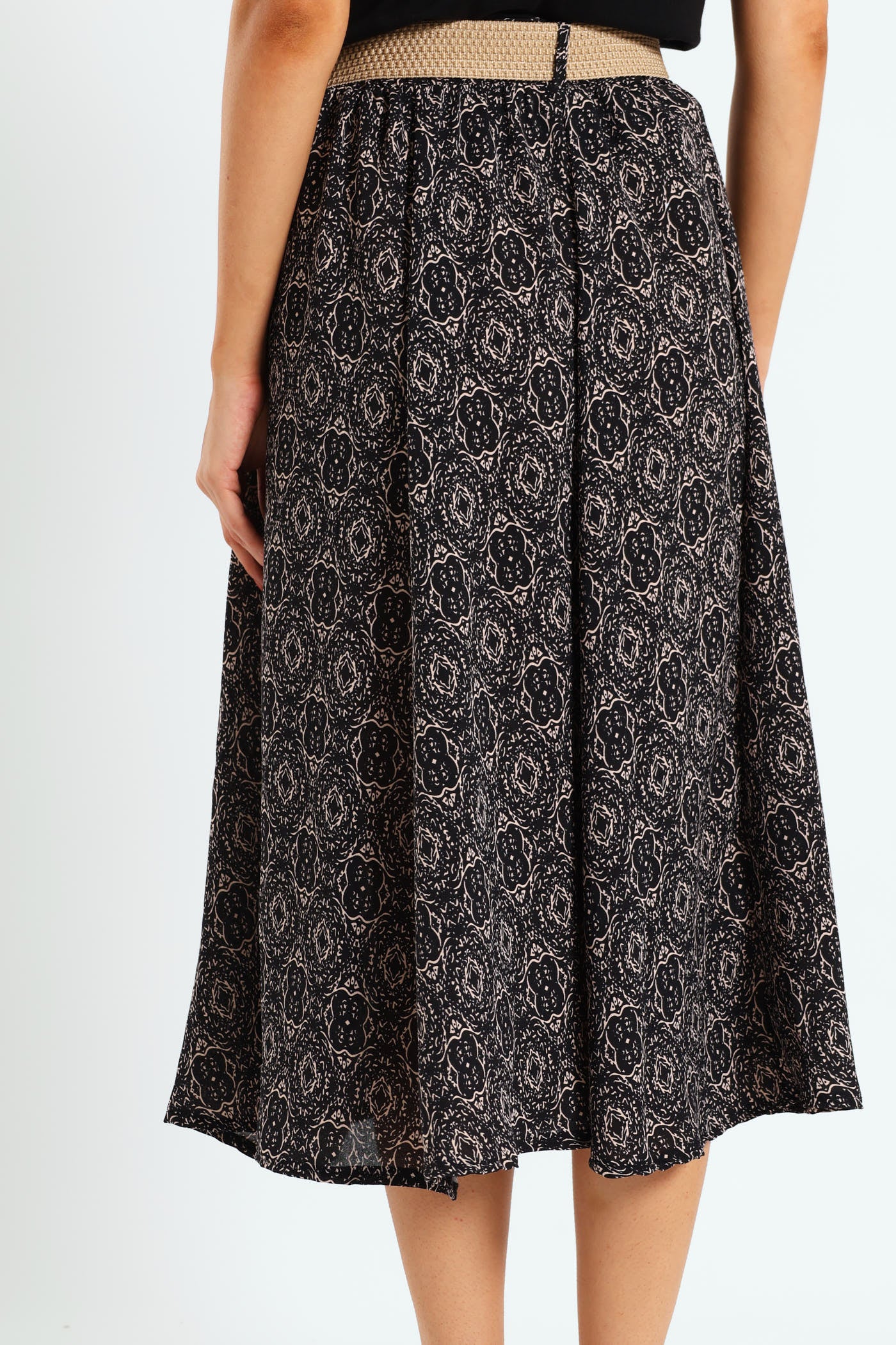 Rafia Belted Pleated Midi Skirt - Black/Beige - Image 3