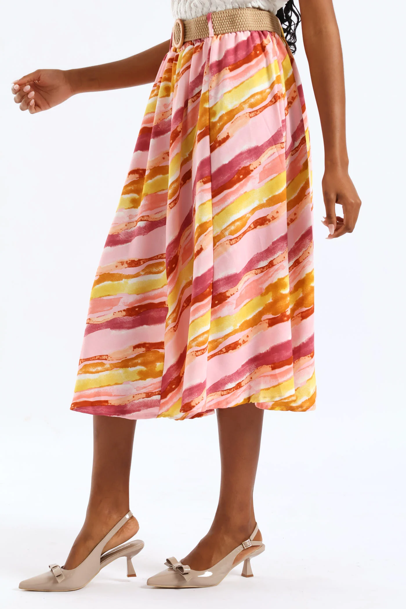 Rafia Belted Pleated Tie-Dye Midi Skirt - Blush - Image 3
