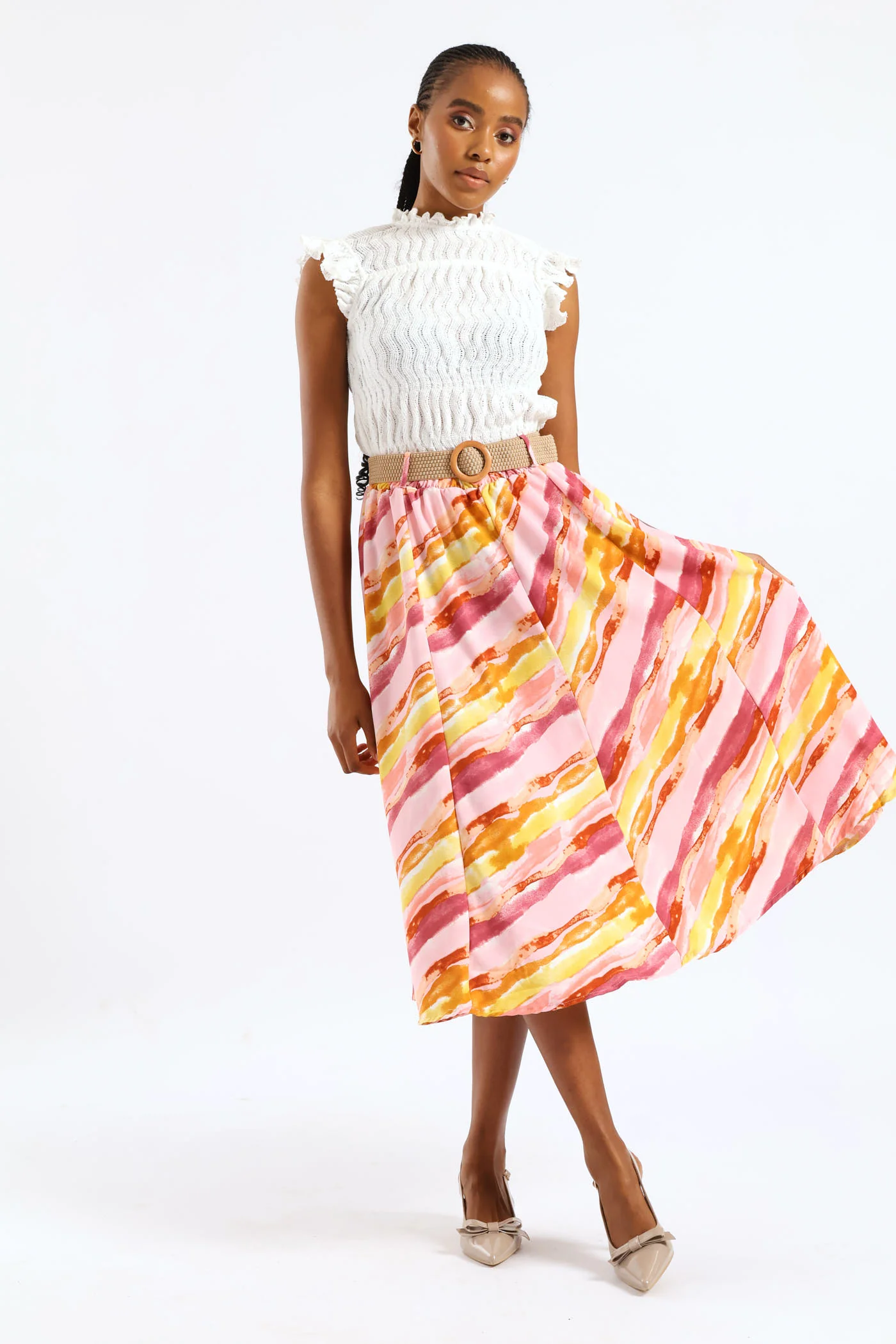 Rafia Belted Pleated Tie-Dye Midi Skirt - Blush - Image 5
