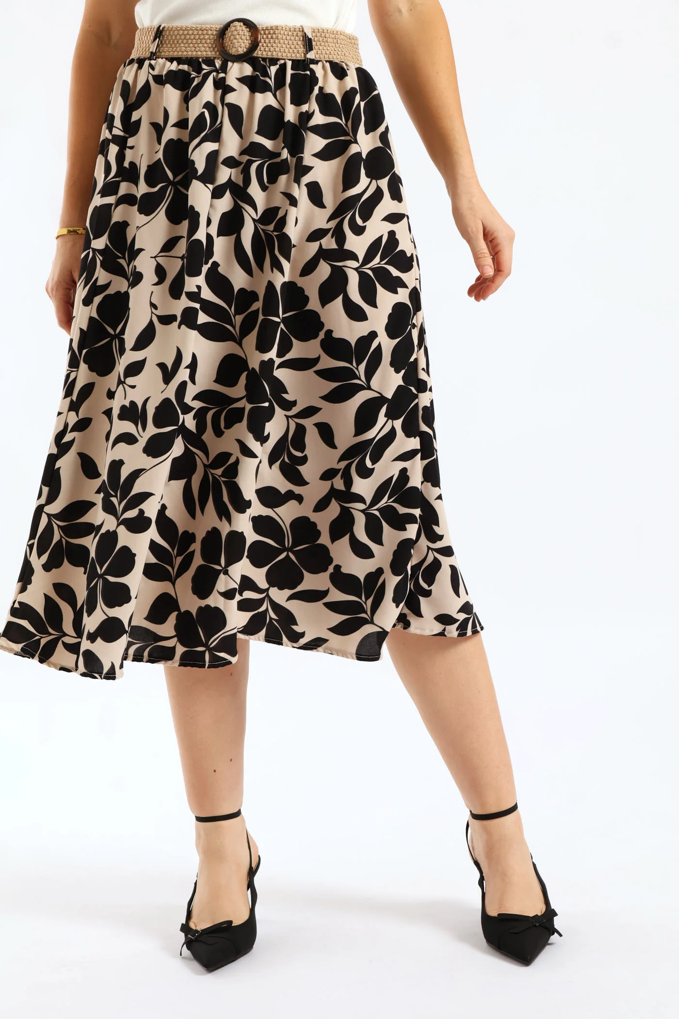 Rafia Belted Printed Flare Skirt - Stone/Black - Image 3