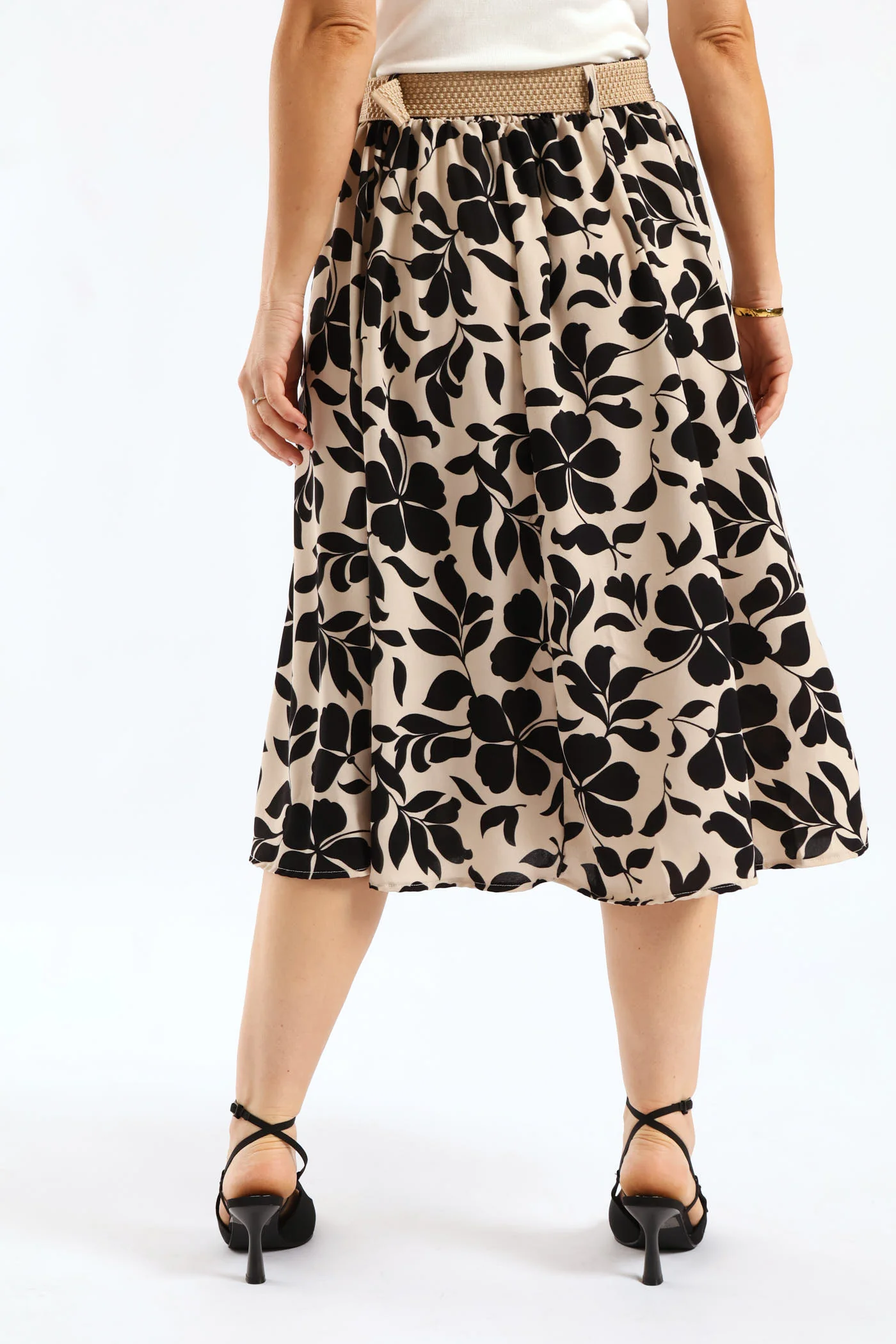 Rafia Belted Printed Flare Skirt - Stone/Black - Image 5