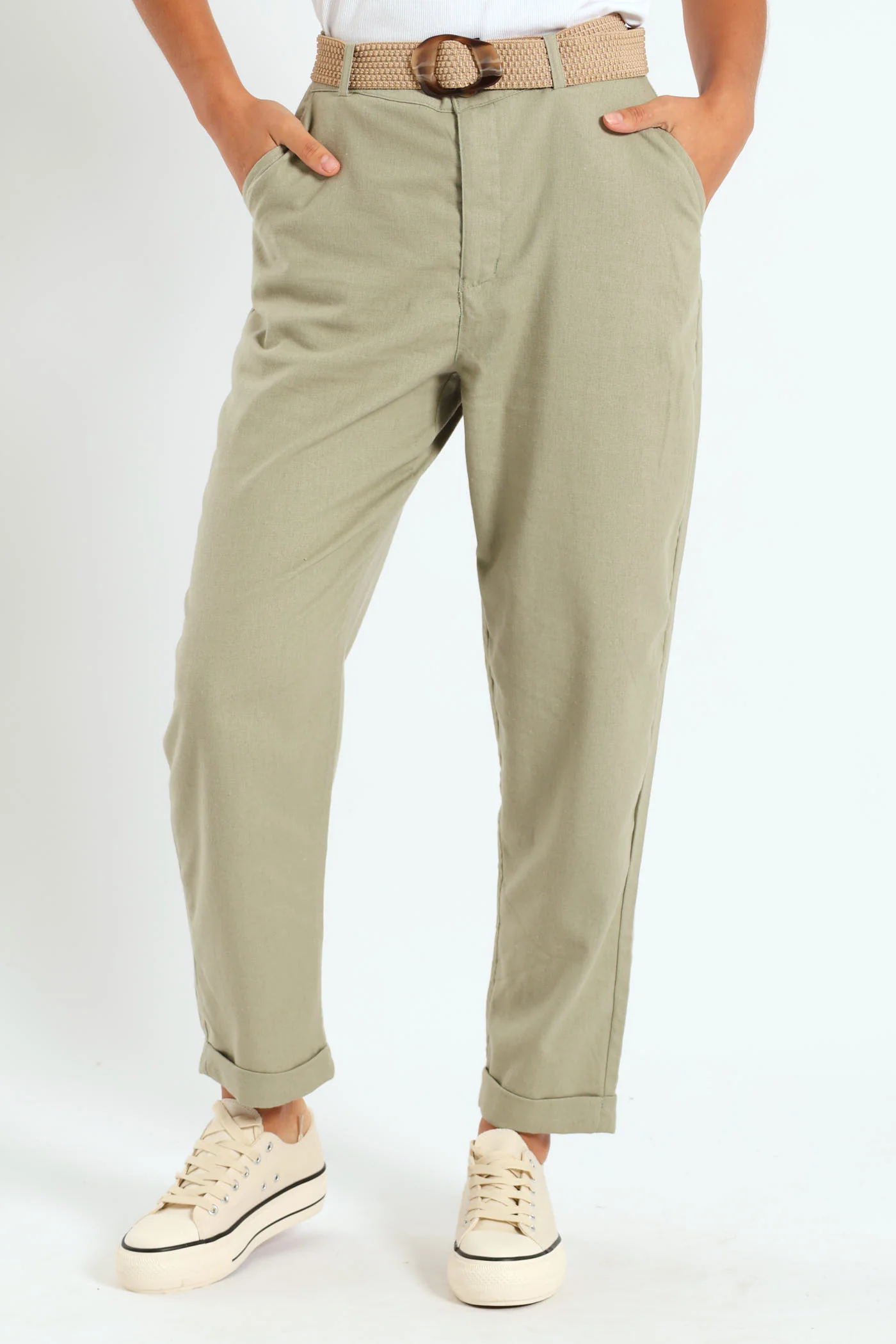 Rafia Belted Tapered Leg Linen Pant - Light Fatigue - Image 2