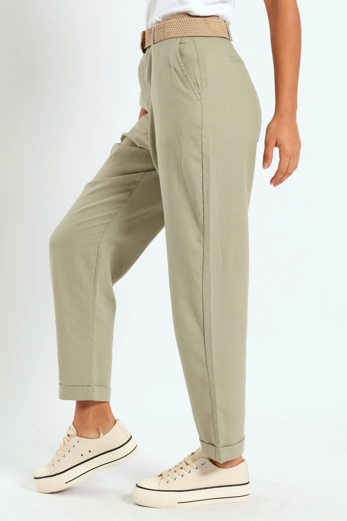 Rafia Belted Tapered Leg Linen Pant - Light Fatigue - Image 3