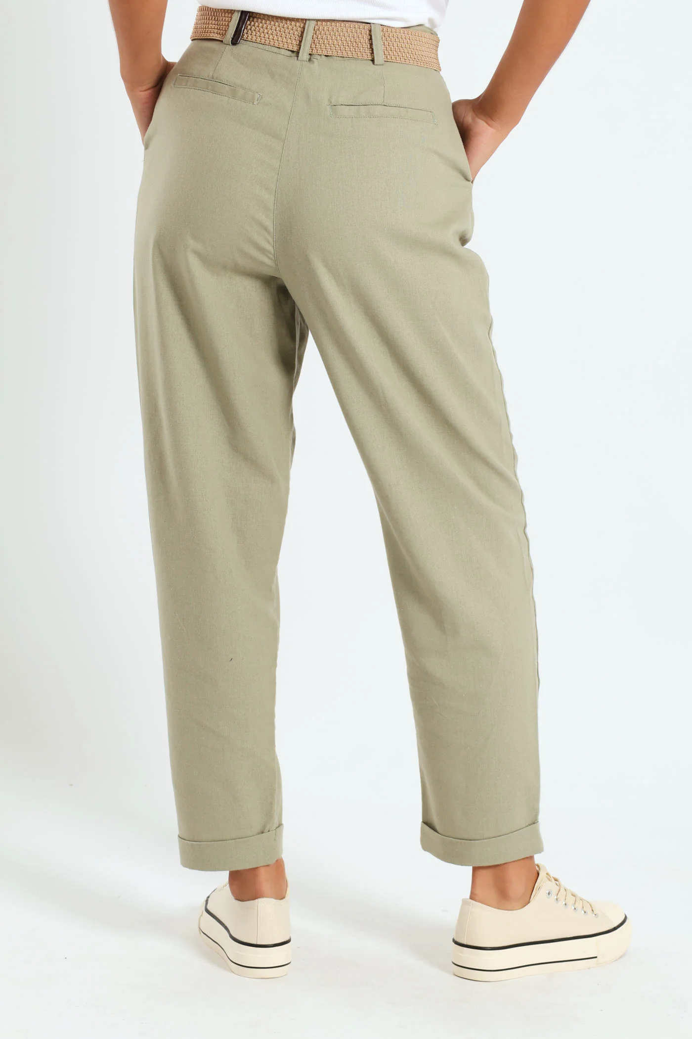 Rafia Belted Tapered Leg Linen Pant - Light Fatigue - Image 4