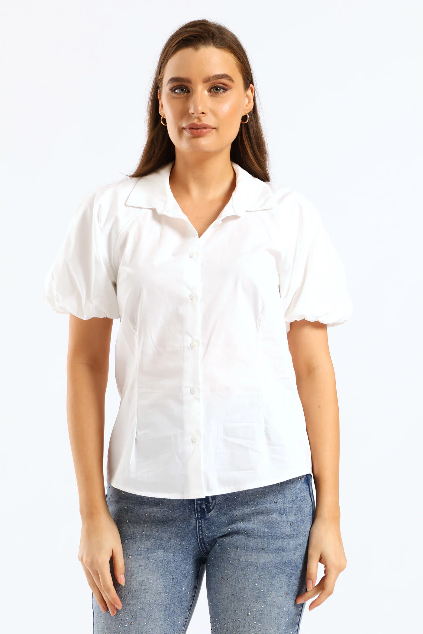 Raglan Bubble Sleeve Button Through Shirt - White - Image 3