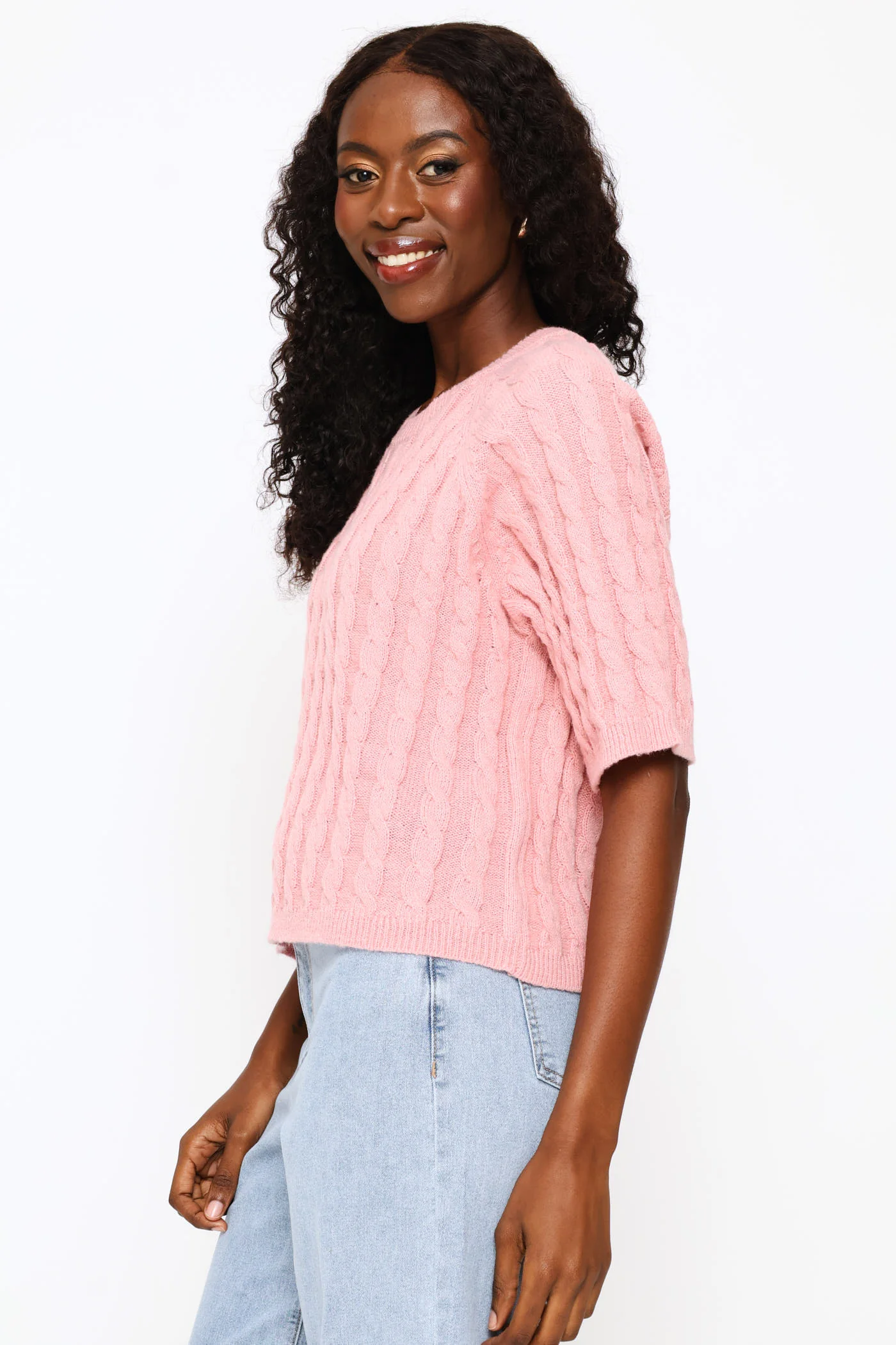 Raglan Cable Boxy Knitwear Tee - Dusty Pink - Image 2