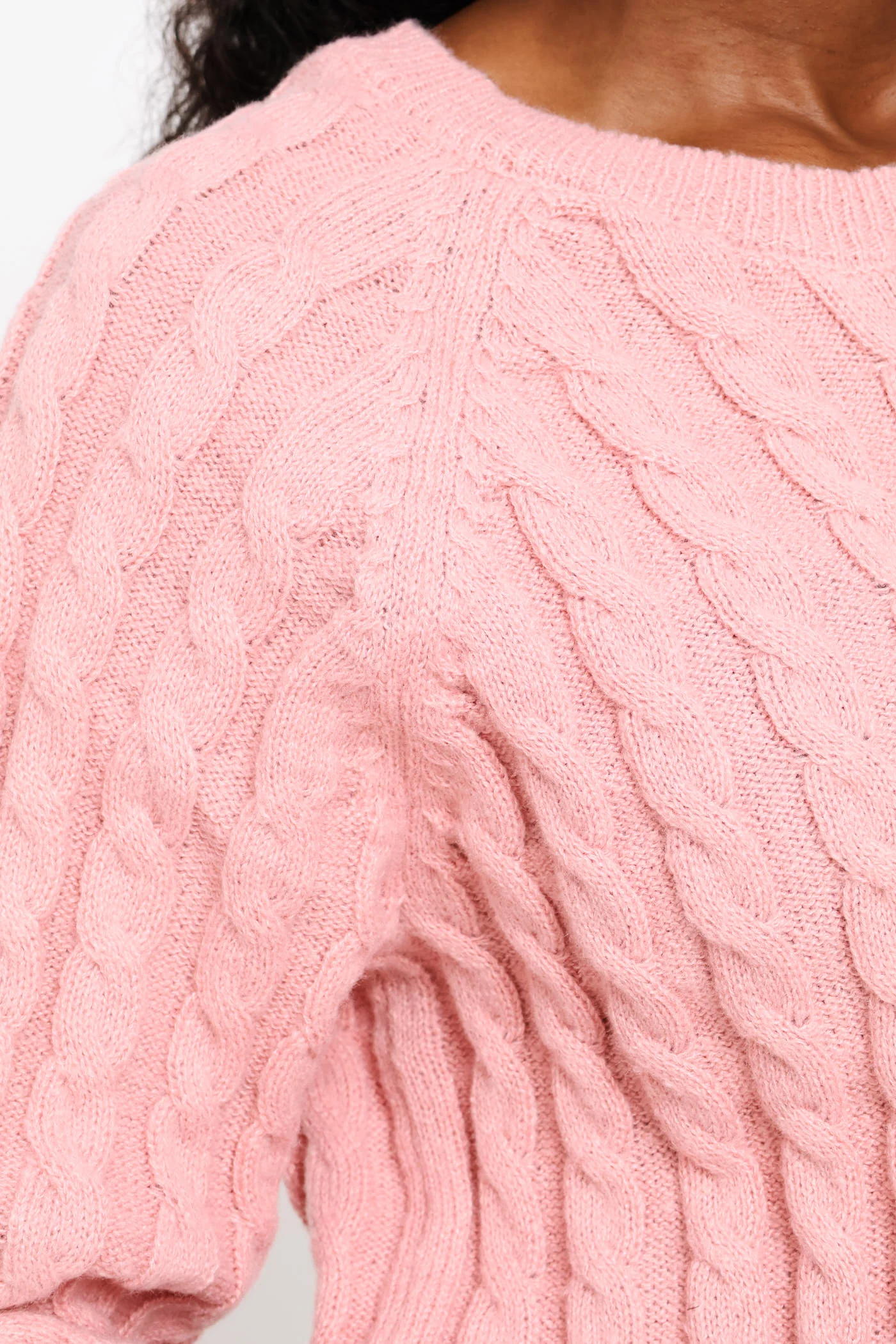 Raglan Cable Boxy Knitwear Tee - Dusty Pink - Image 4