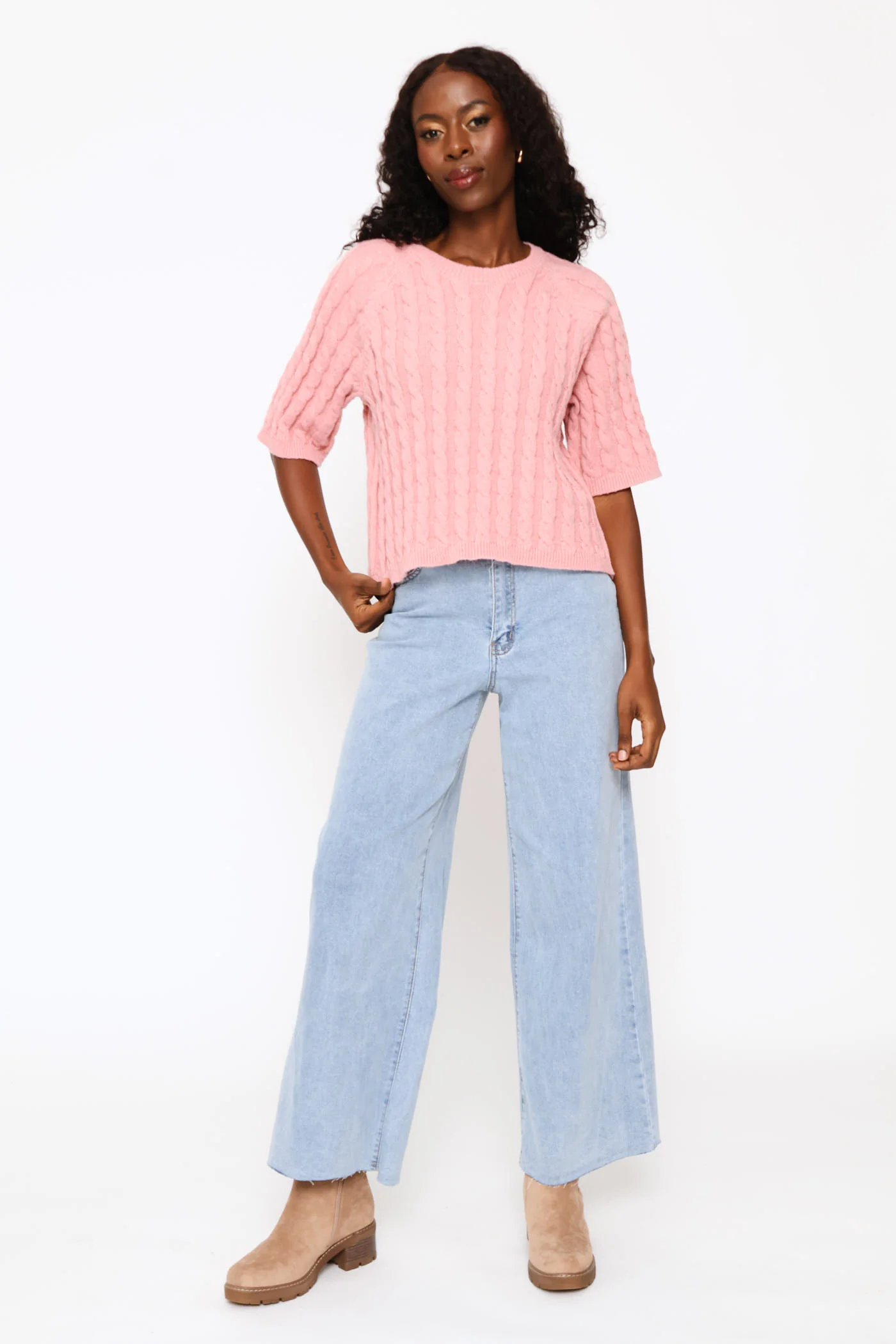 Raglan Cable Boxy Knitwear Tee - Dusty Pink - Image 5