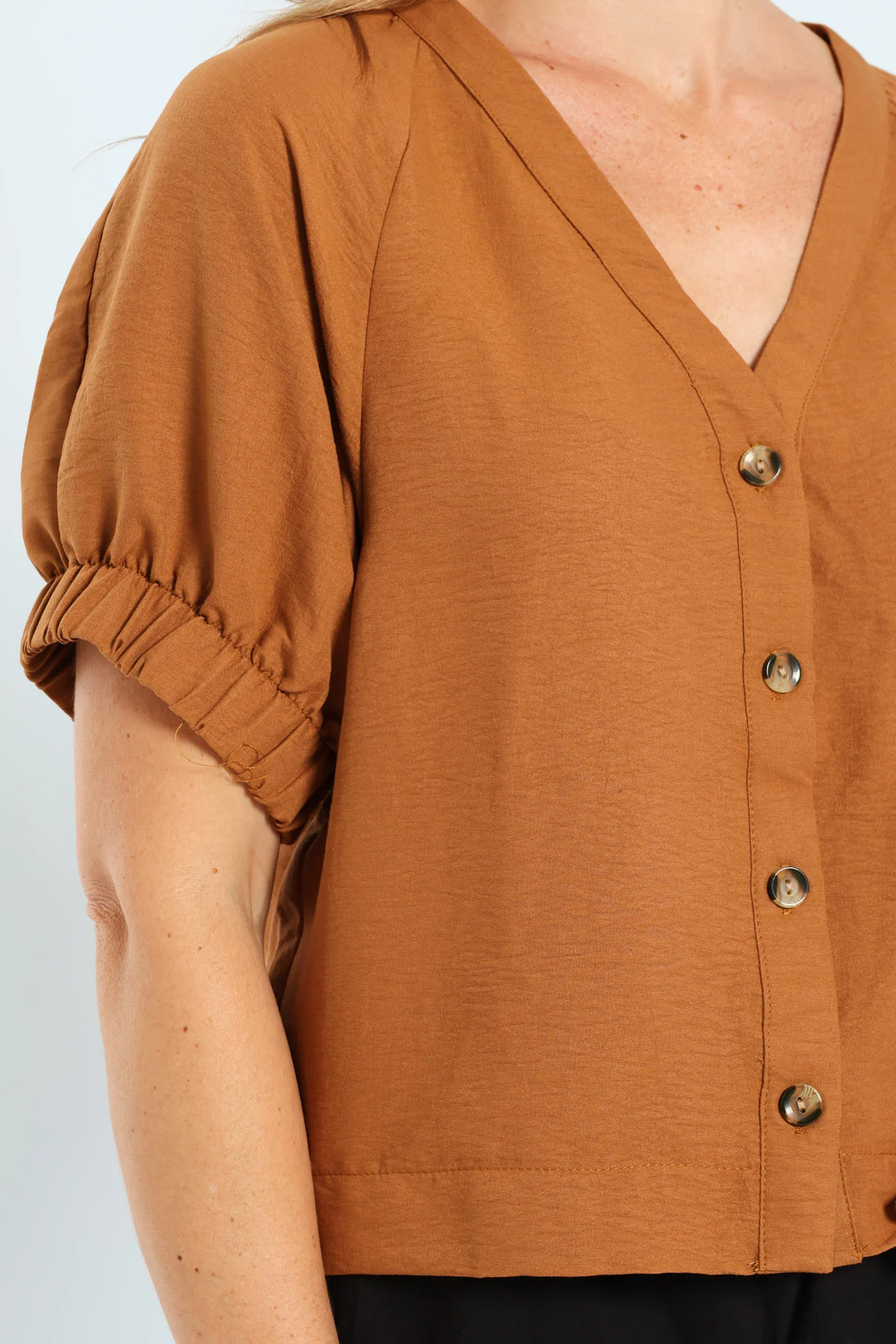 Raglan Puff Sleeve Button Through Blouse - Tobacco - Image 2