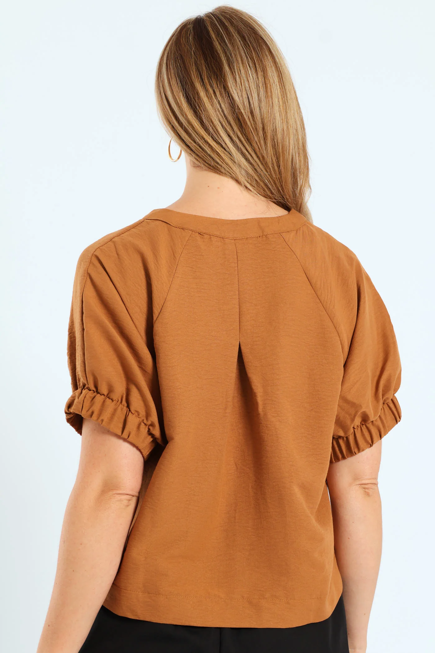 Raglan Puff Sleeve Button Through Blouse - Tobacco - Image 5