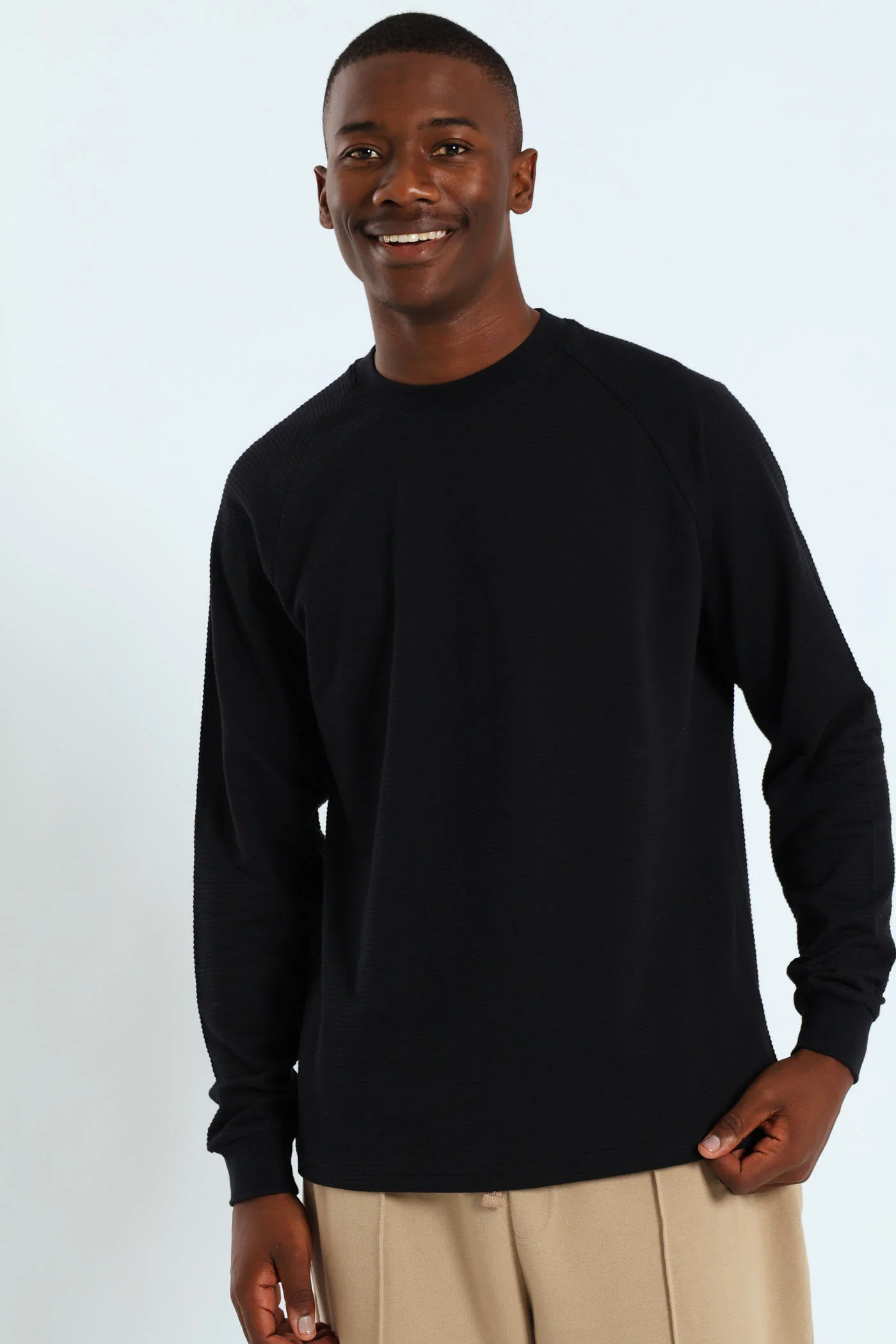 Raglan Sleeve Waffle Tee - Black - Image 2