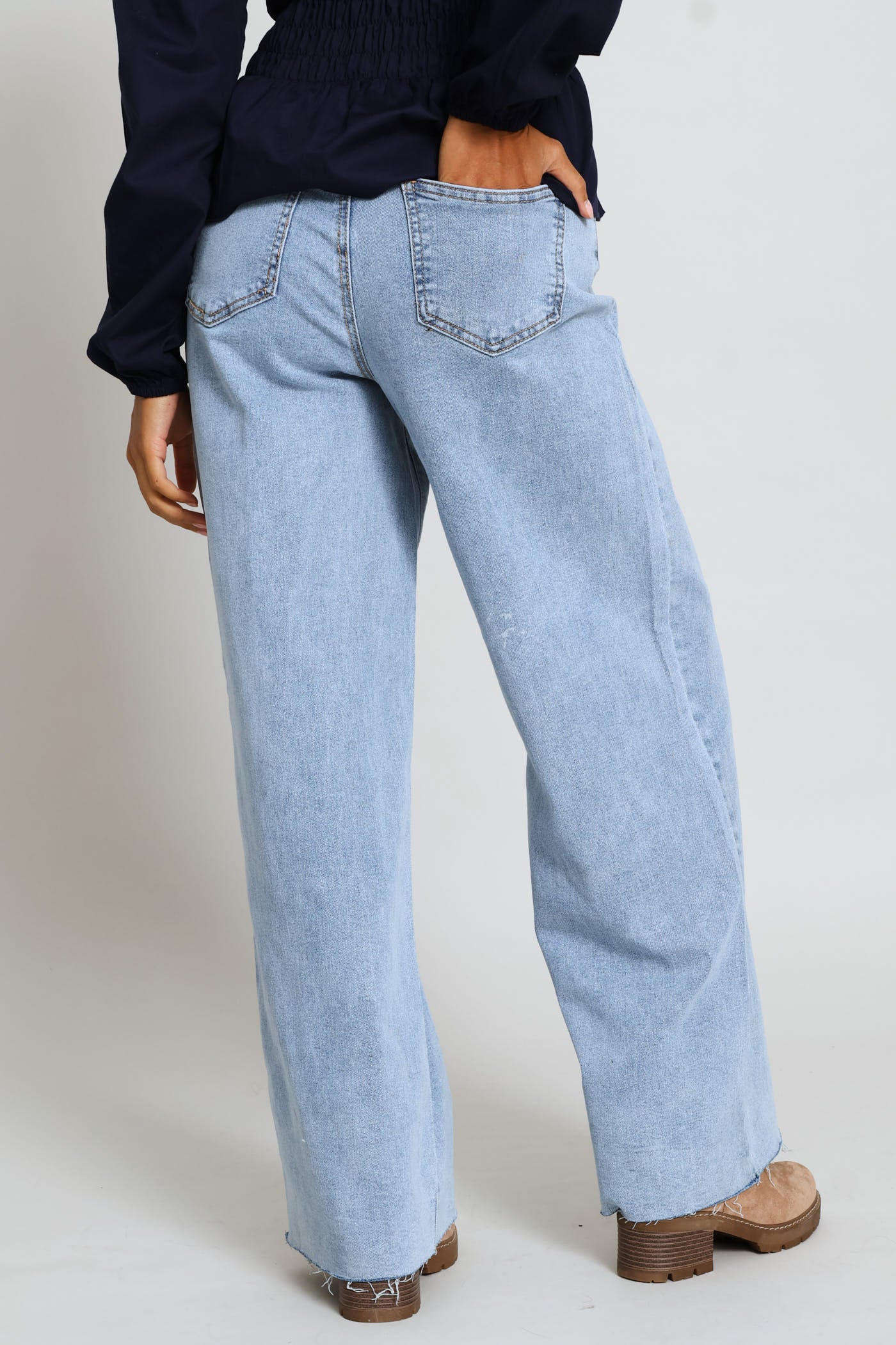 Raw Hem Eyelet Belted Wide Leg Ankle Grazer Denim - Light Wash - Image 11