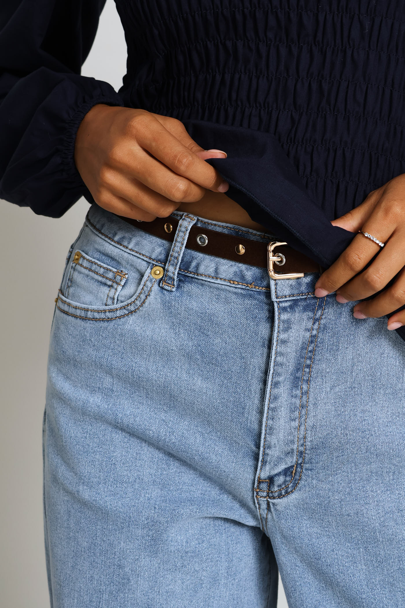 Raw Hem Eyelet Belted Wide Leg Ankle Grazer Denim - Light Wash - Image 12