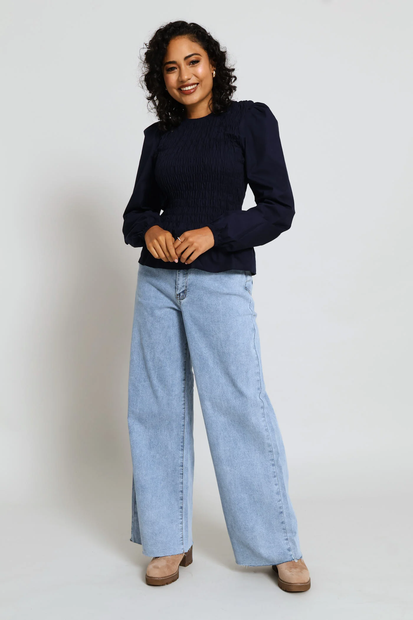 Raw Hem Eyelet Belted Wide Leg Ankle Grazer Denim - Light Wash - Image 8