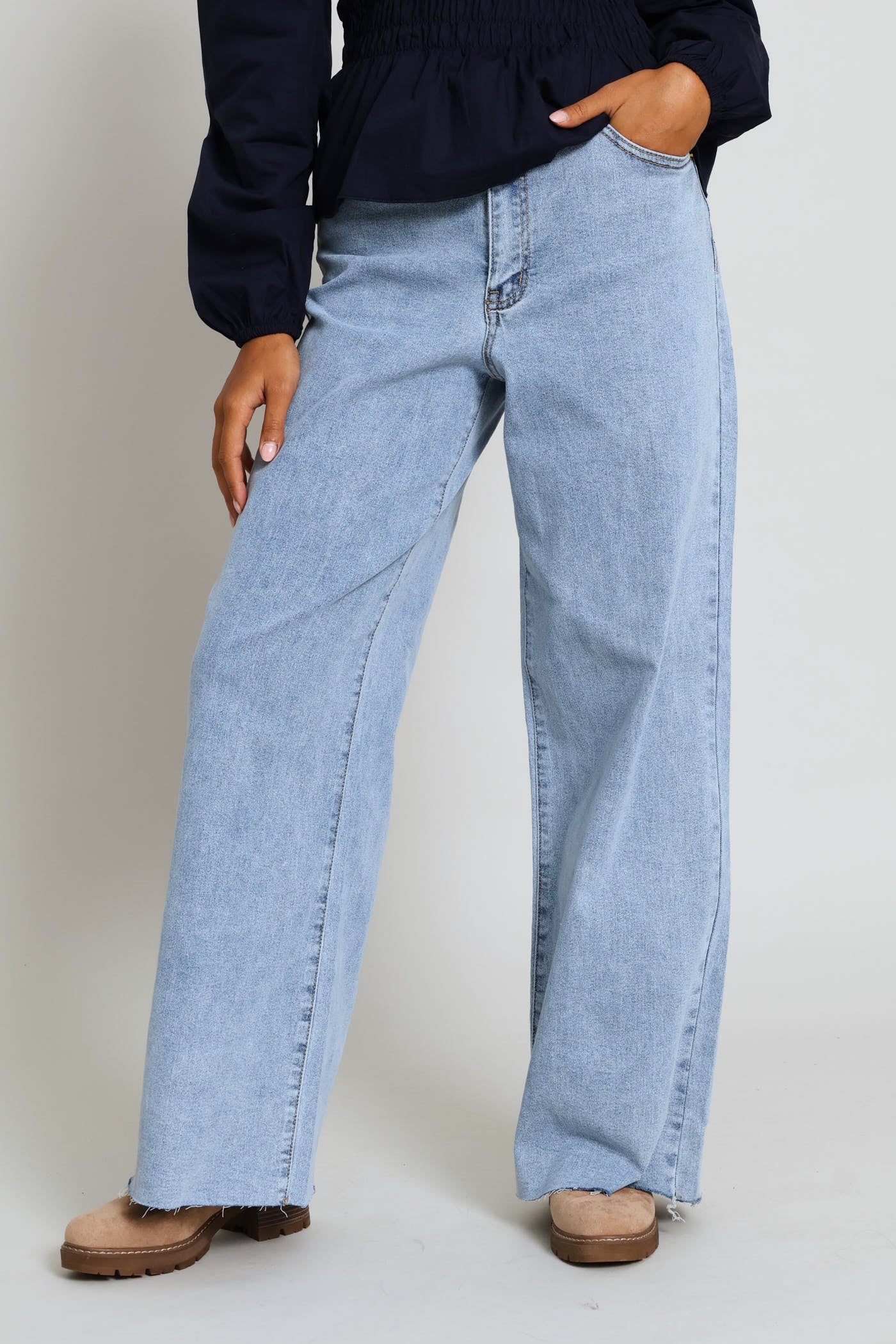 Raw Hem Eyelet Belted Wide Leg Ankle Grazer Denim - Light Wash - Image 9