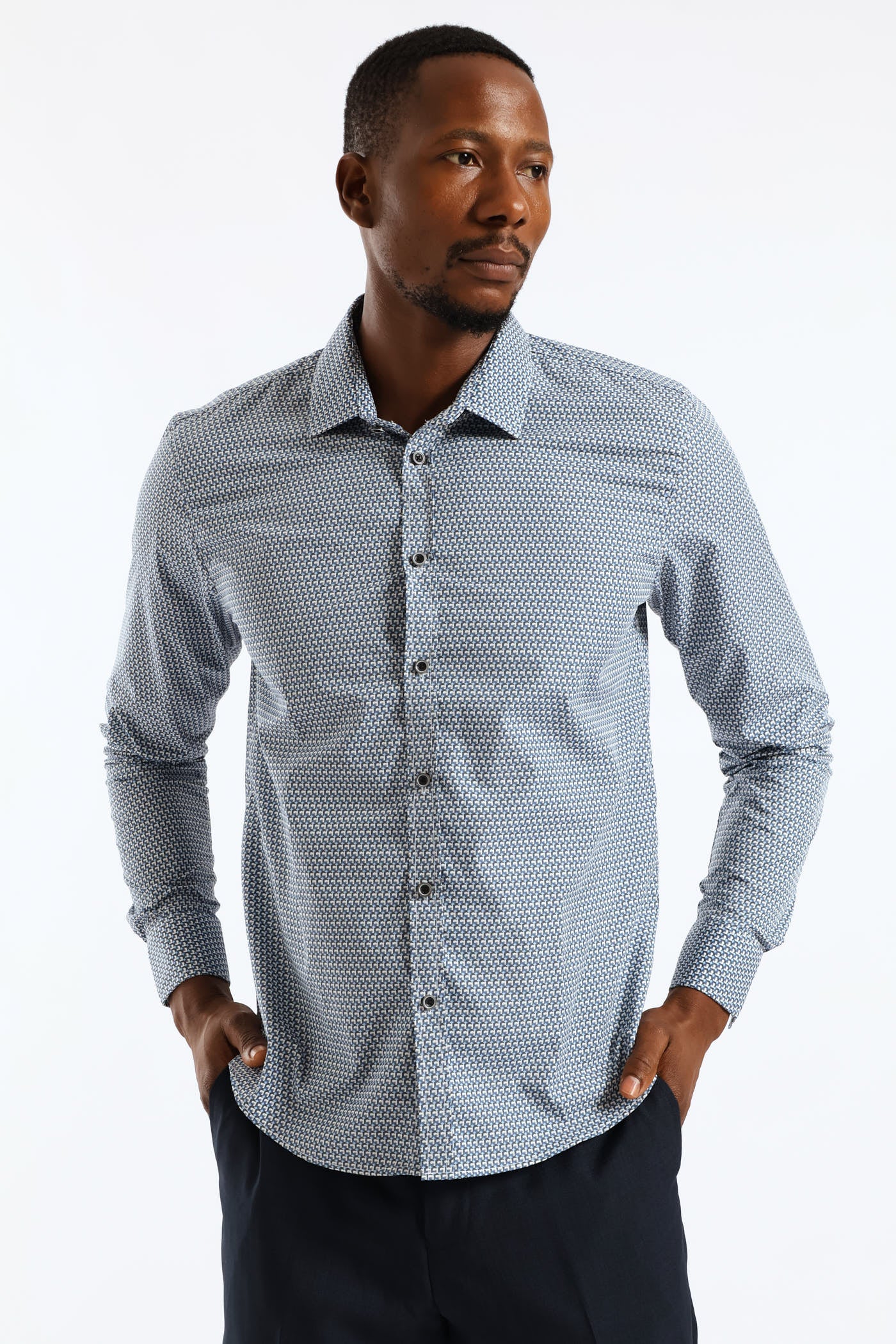 Regular Abstract Printed Textured Shirt - Mid Blue - Image 2