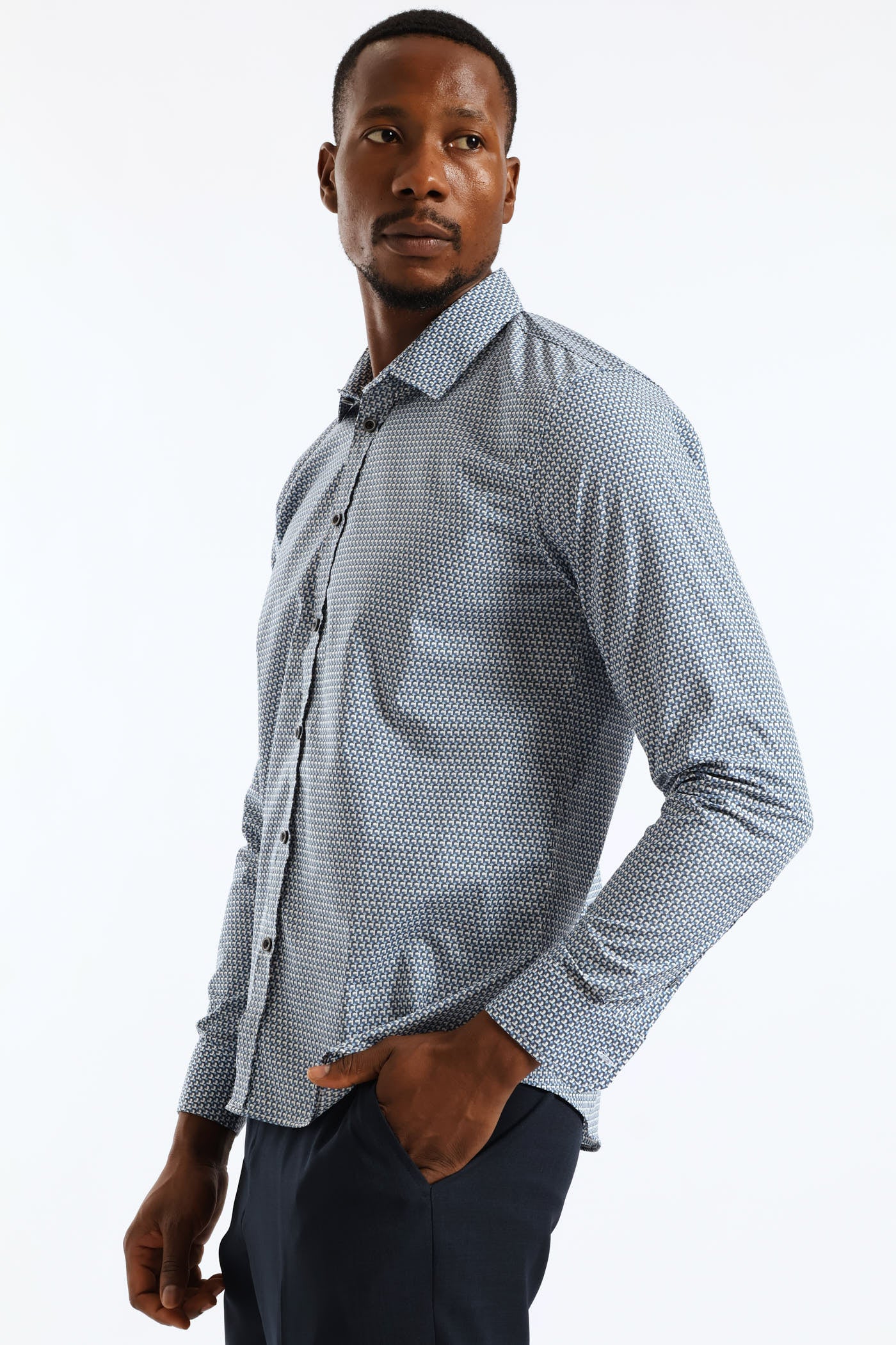 Regular Abstract Printed Textured Shirt - Mid Blue - Image 3