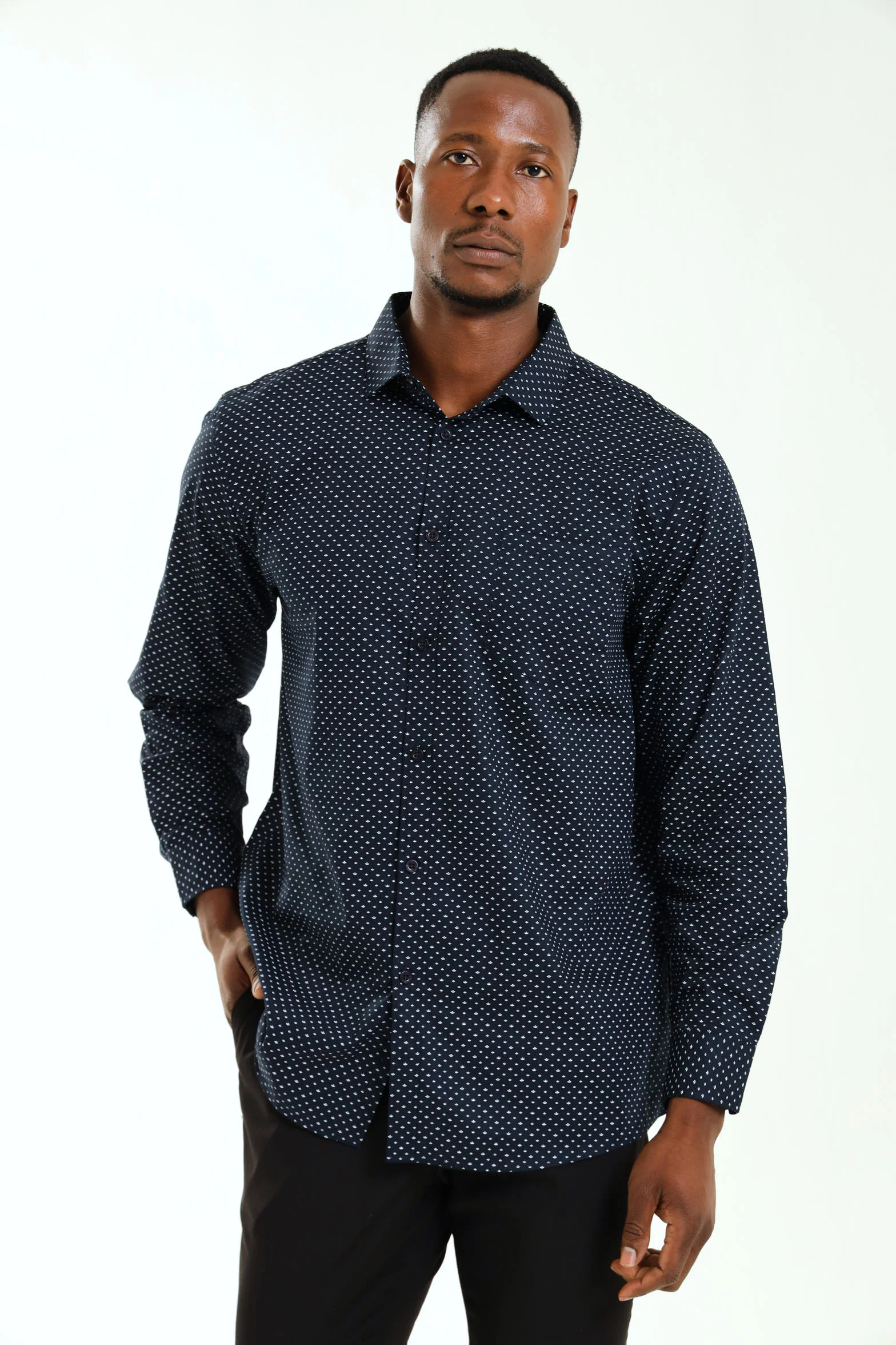 Regular Ditsy Abstract Printed Shirt - Navy/White - Image 2