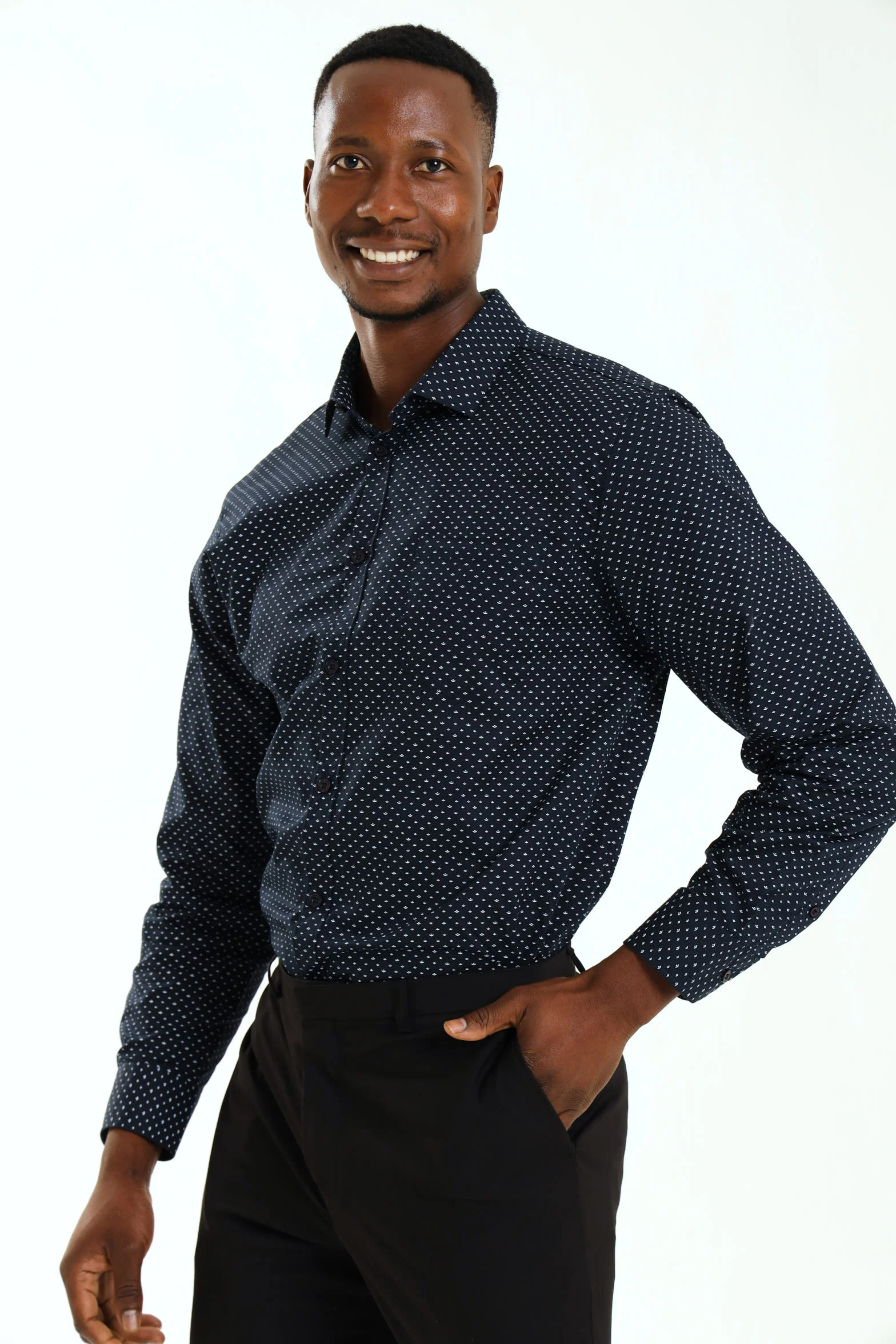 Regular Ditsy Abstract Printed Shirt - Navy/White - Image 3