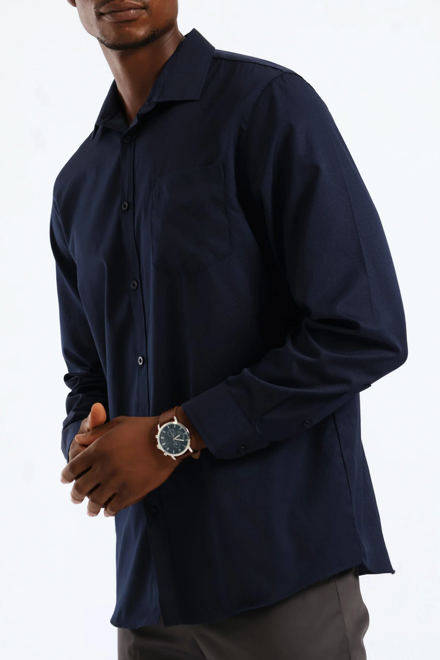 Regular Long Sleeve Diamond Textured Shirt - Navy - Image 2