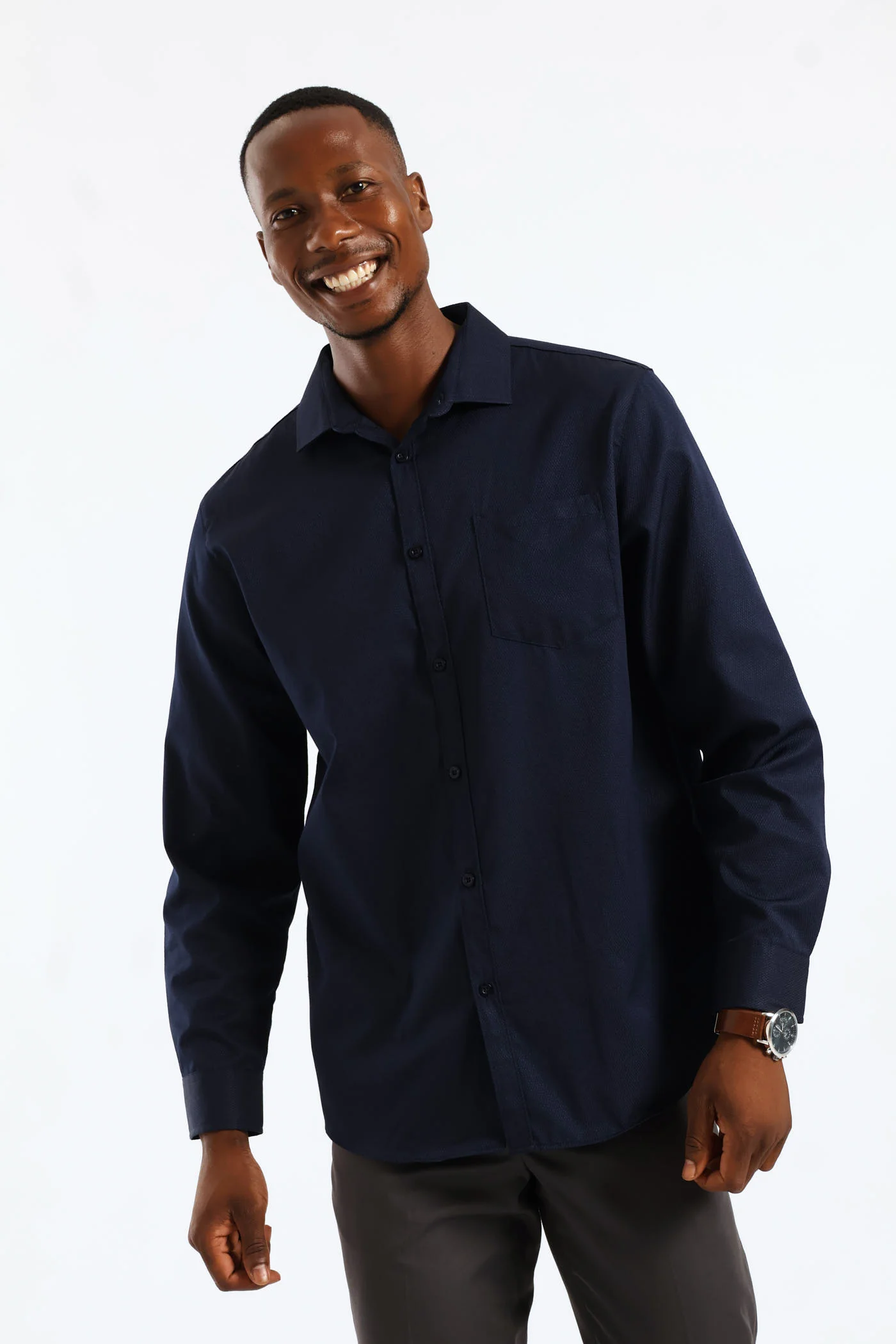 Regular Long Sleeve Diamond Textured Shirt - Navy - Image 3