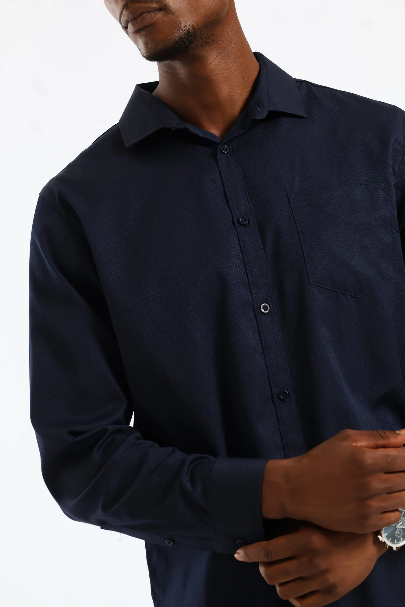 Regular Long Sleeve Diamond Textured Shirt - Navy - Image 5