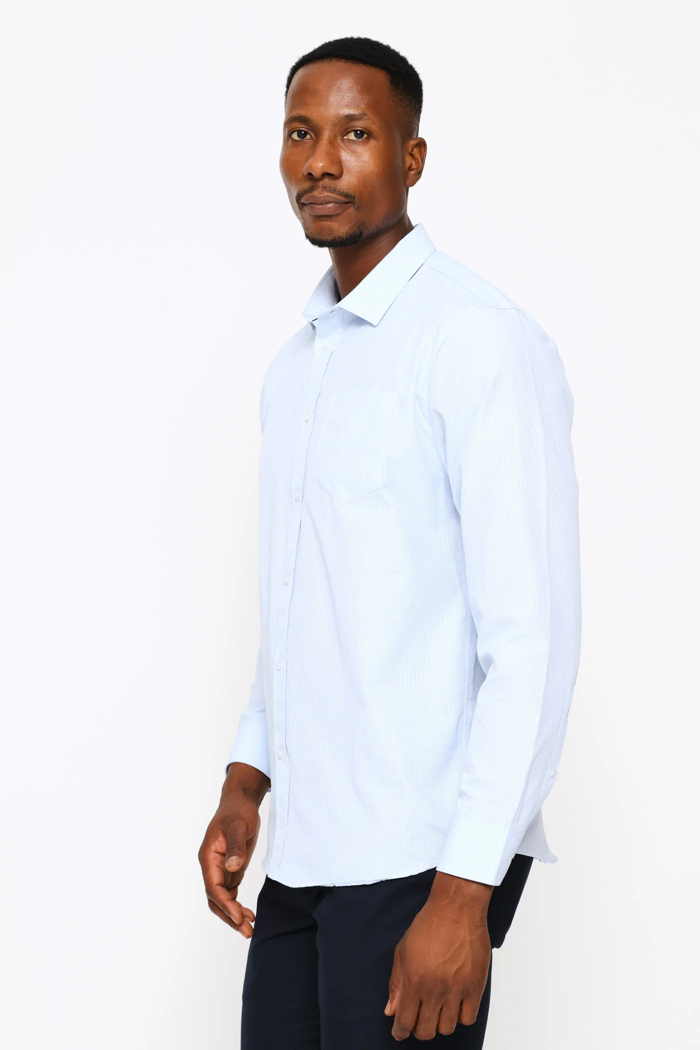 Regular Long Sleeve Geometric Textured Shirt - Mid Blue - Image 3