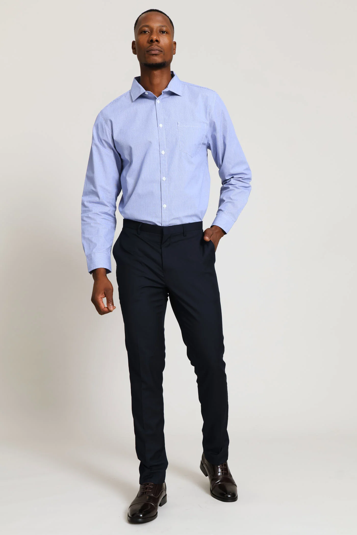 Regular Long Sleeve Mini Check Textured Shirt - Mid Blue - Image 2