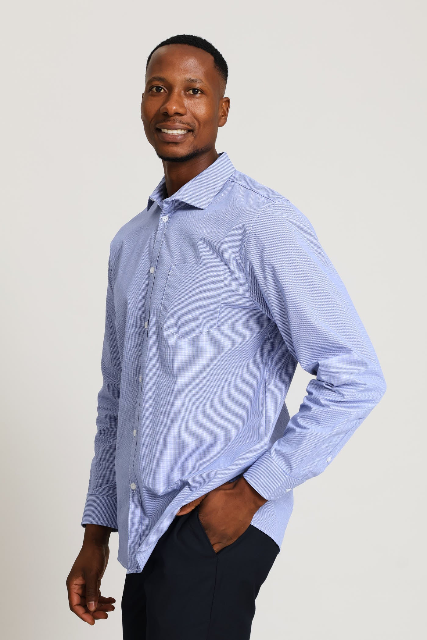 Regular Long Sleeve Mini Check Textured Shirt - Mid Blue - Image 4
