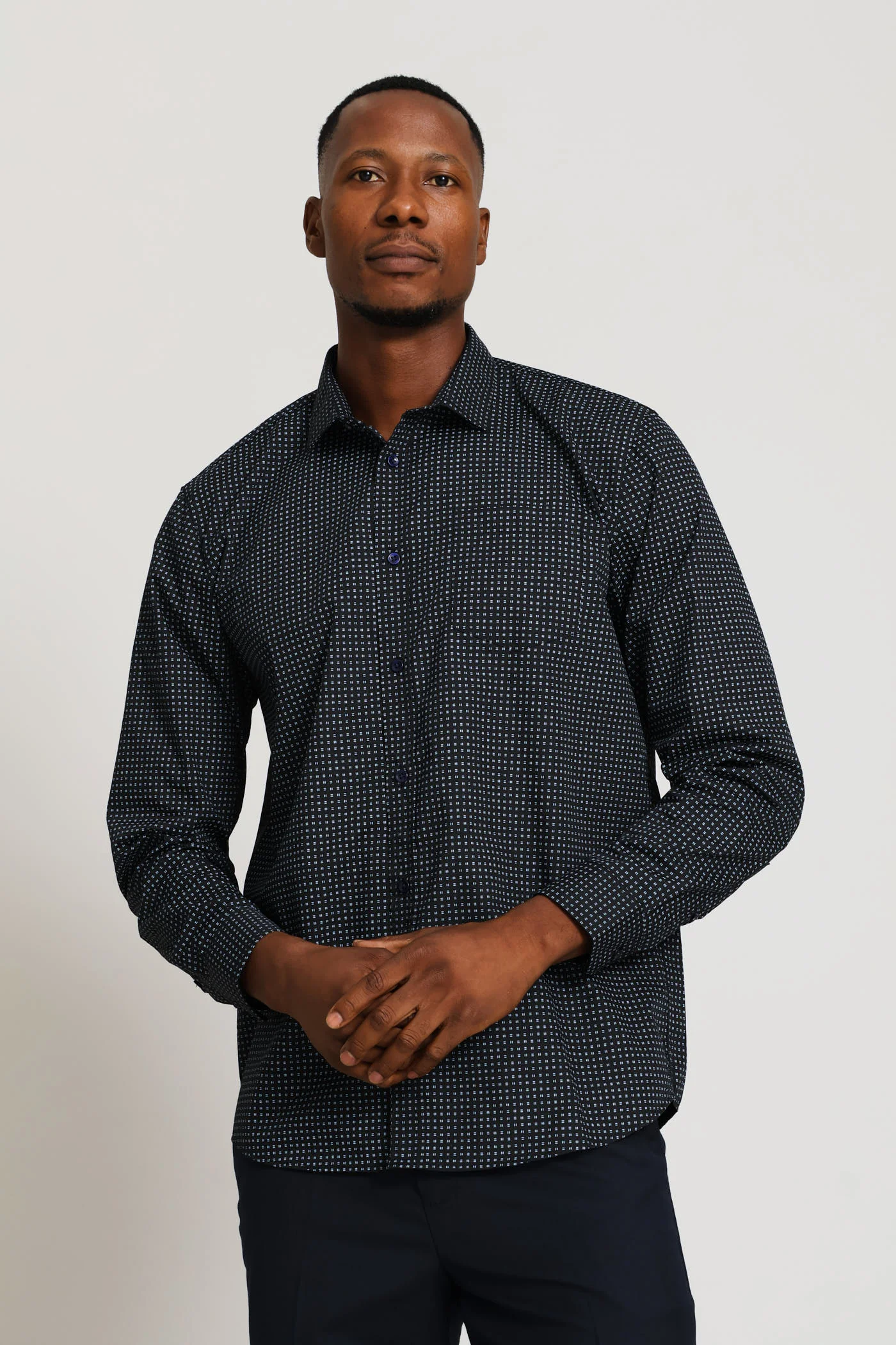 Regular Long Sleeve Mini Line Printed Shirt - Black/Blue - Image 3