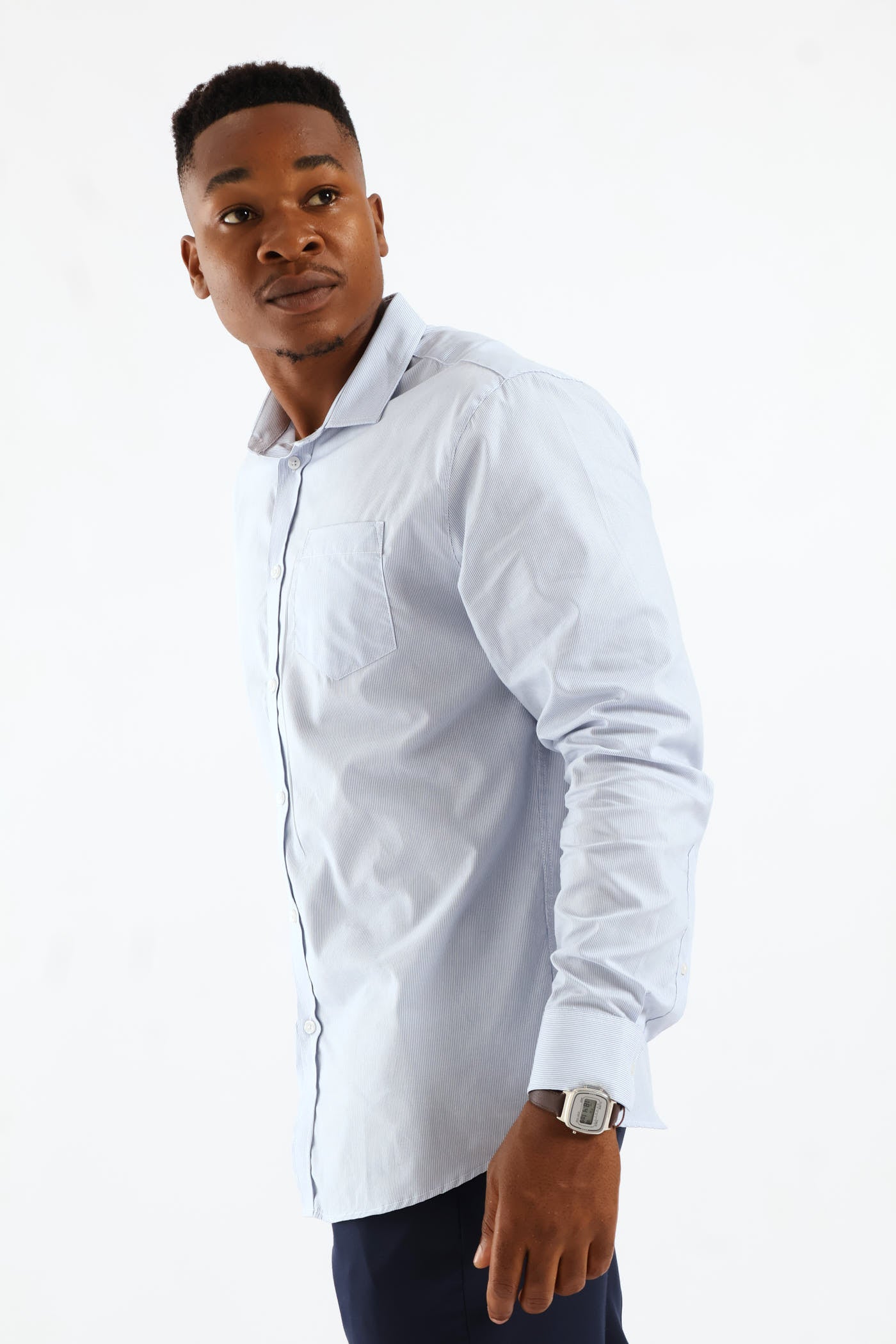 Regular Long Sleeve Stripe Textured Shirt - Light Blue/White - Image 4