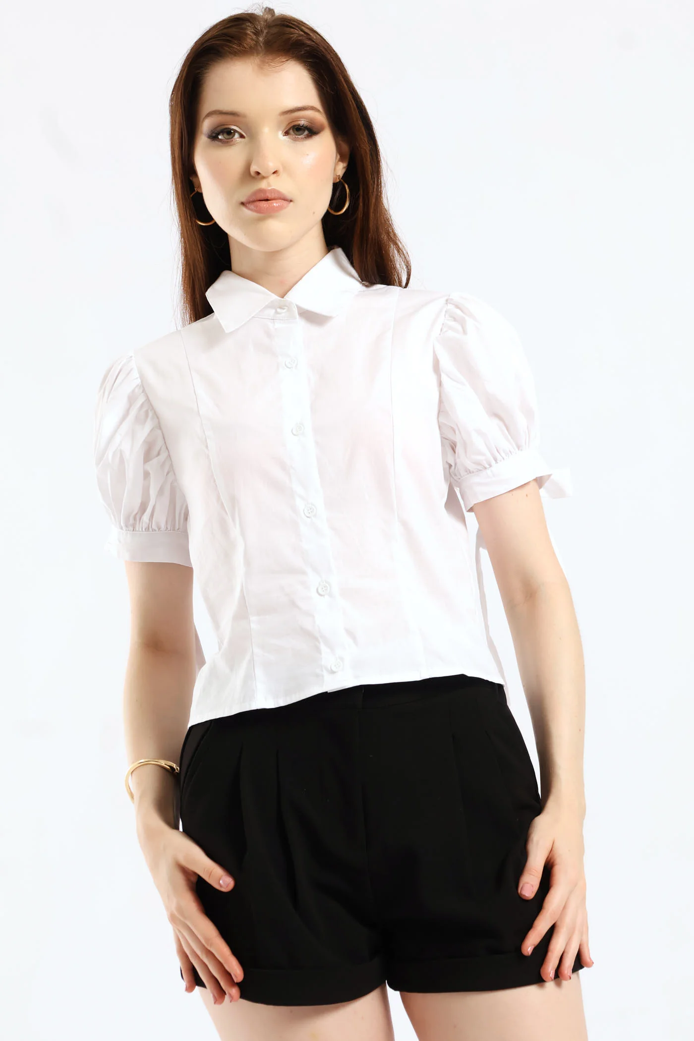 Regular Short Sleeve Woven Button Down Top - White - Image 3