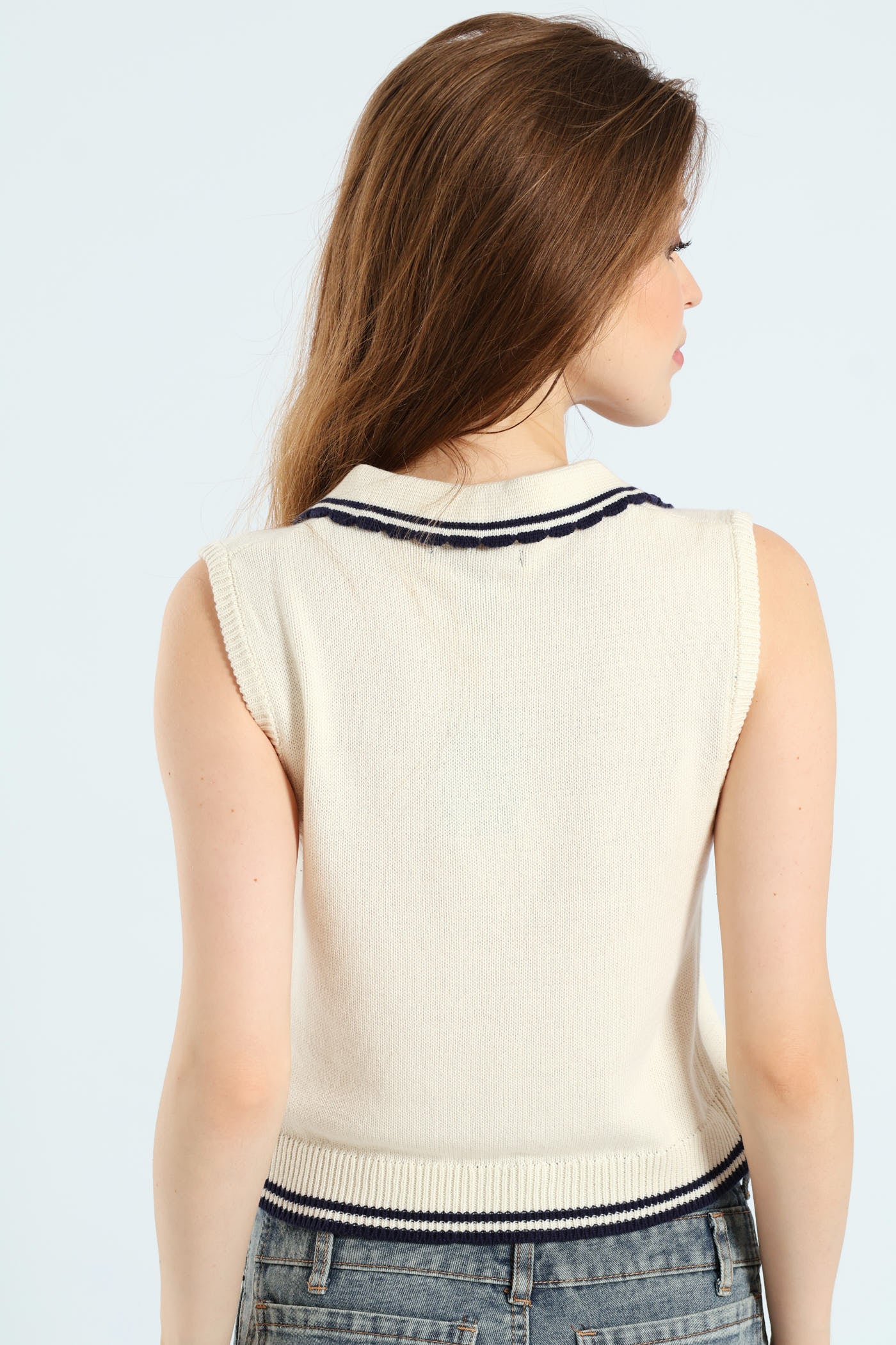 Regular Sleeveless Sweater - White/Navy - Image 3