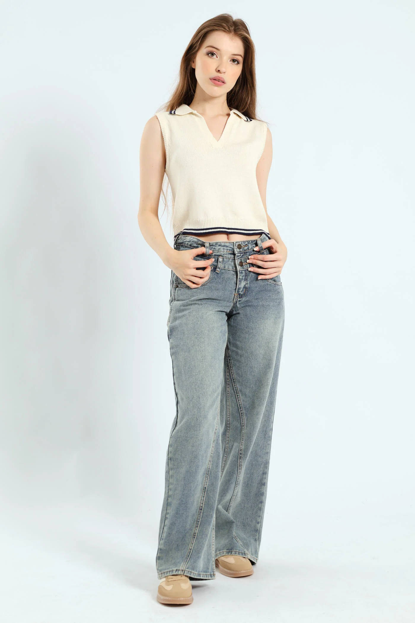 Regular Sleeveless Sweater - White/Navy - Image 4