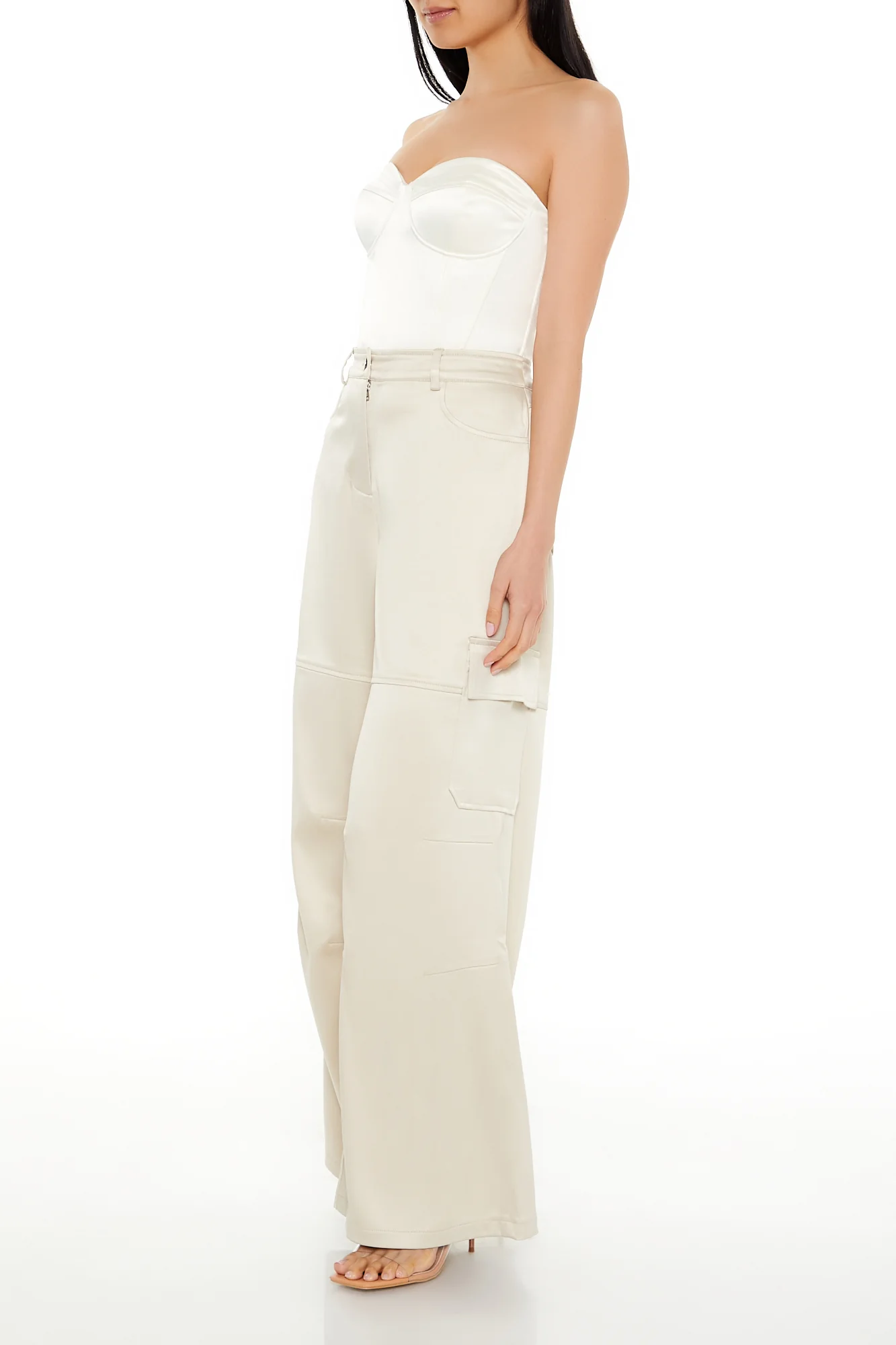 Wideleg Satin Cargo Pant - Champagne - Image 4