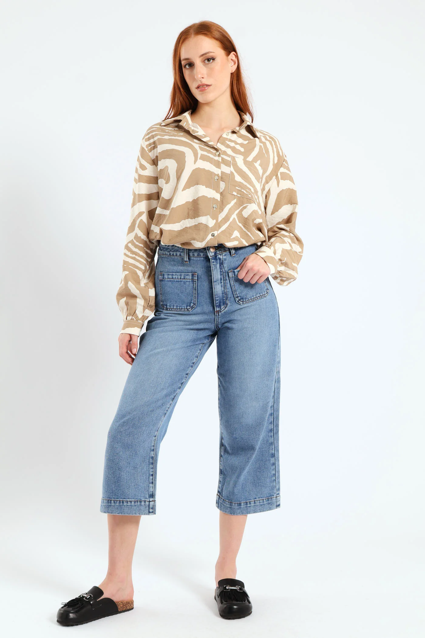 Relaxed Gauged Cuff Zebra Shirt - White/Beige - Image 2