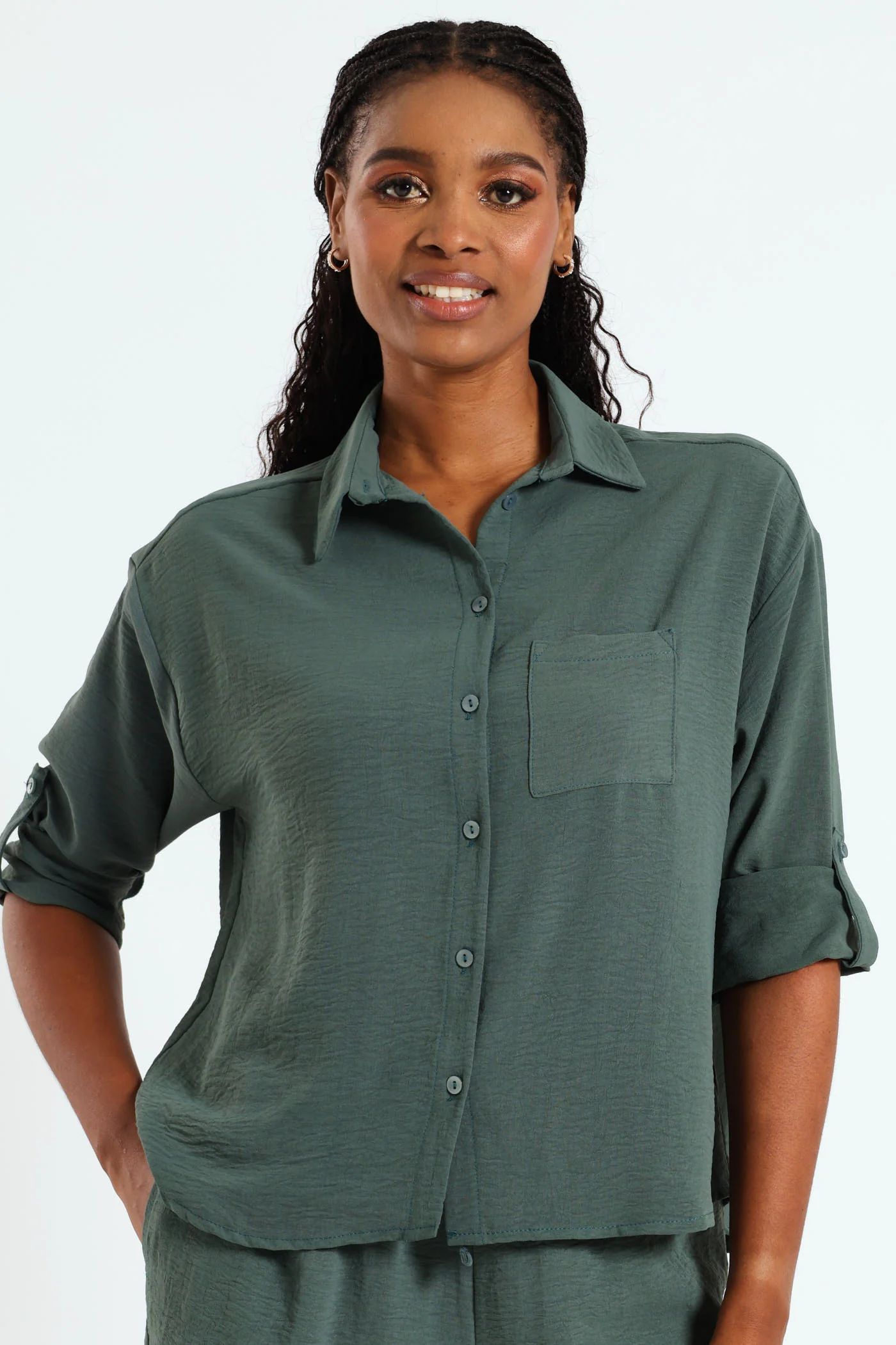 Relaxed Shirt With Tab & Button Detail - Forest Green - Image 2