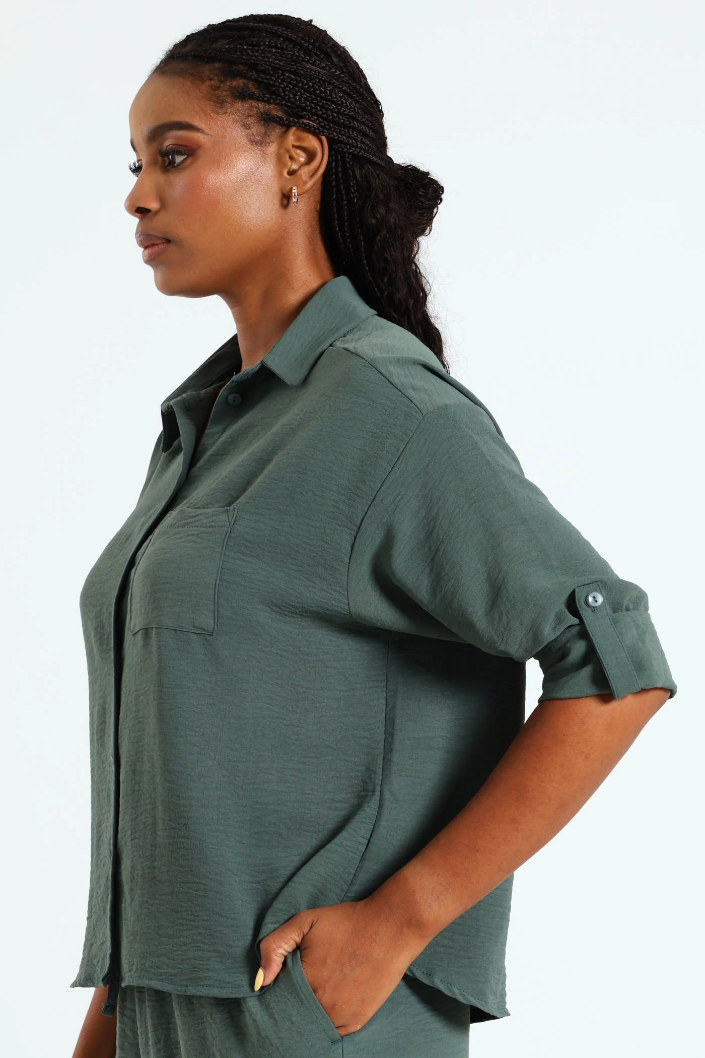 Relaxed Shirt With Tab & Button Detail - Forest Green - Image 3
