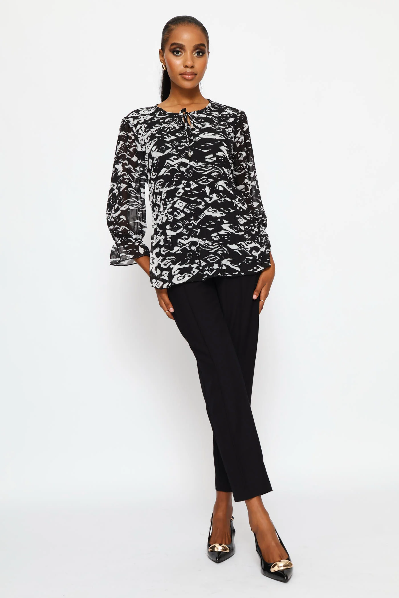 Release Pleat Abstract Blouse - Black/Cream - Image 4