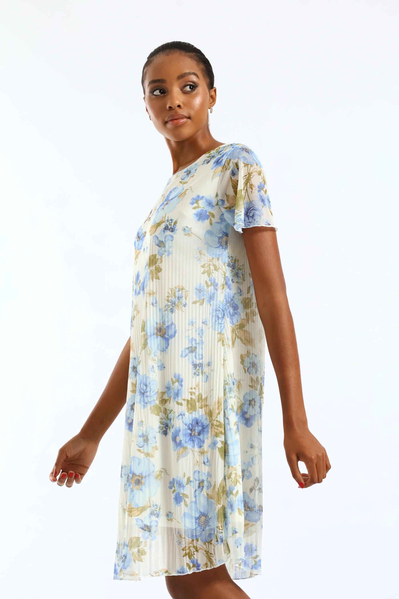 Release Pleat Floral Mesh Midi Dress - Cream/Blue - Image 2