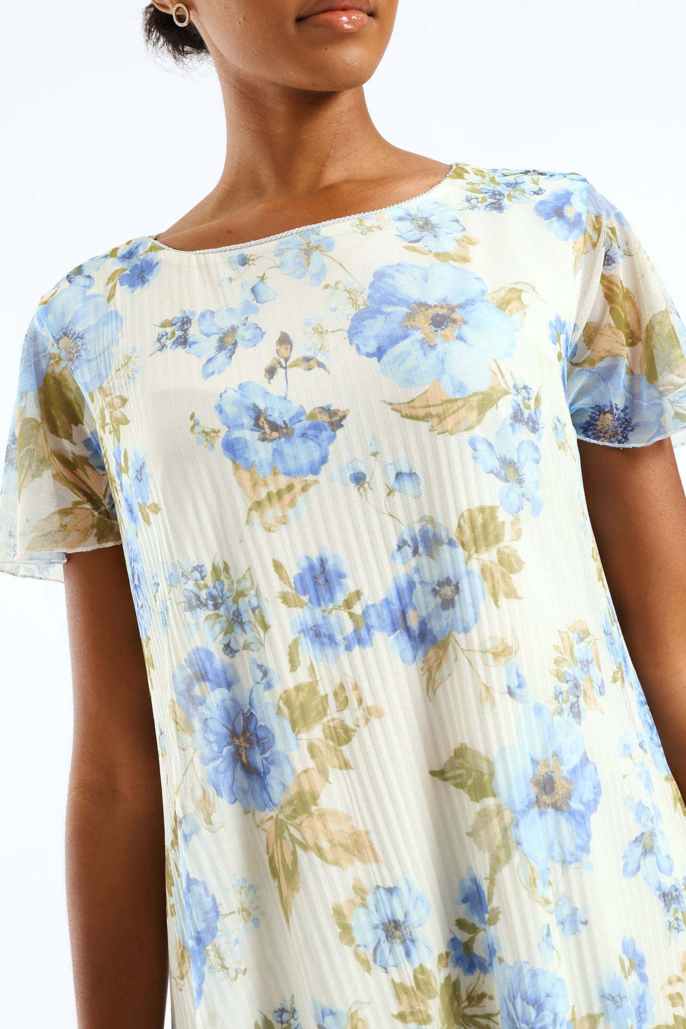 Release Pleat Floral Mesh Midi Dress - Cream/Blue - Image 4